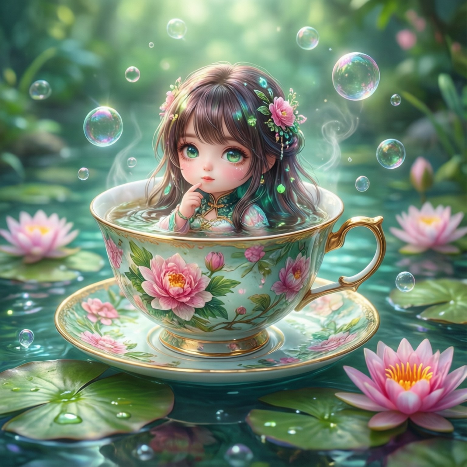 茶杯池塘漂浮 壁紙 — 一位精緻的動漫女孩，頭髮上裝飾著花朵，坐在漂浮在池塘上的茶杯中，周圍環繞著蓮花和閃爍的泡泡。