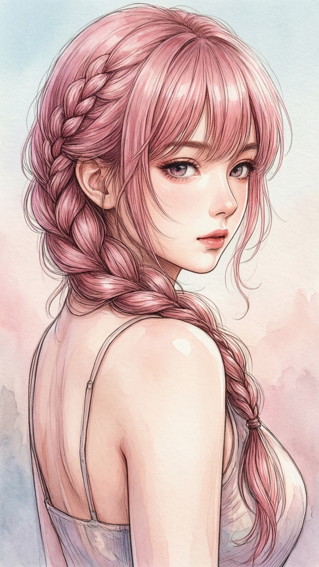 Over the Shoulder 壁紙 — 一位精緻的動漫女孩，長長的粉紅色辮子，在柔和的天色背景下溫柔地回頭凝望。