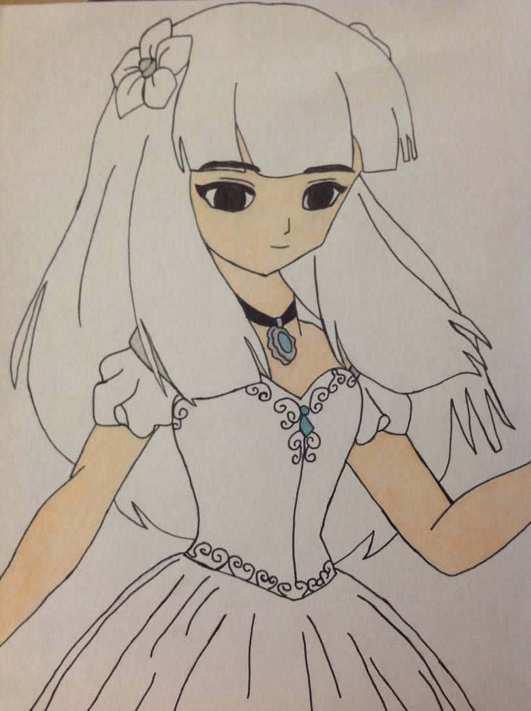 Inuyasha Kanna 桌布 壁紙 — 一位精緻的動漫女孩，白髮戴著蝴蝶結，穿著帶有藍色寶石點綴和頸鏈的詳細白色連衣裙。