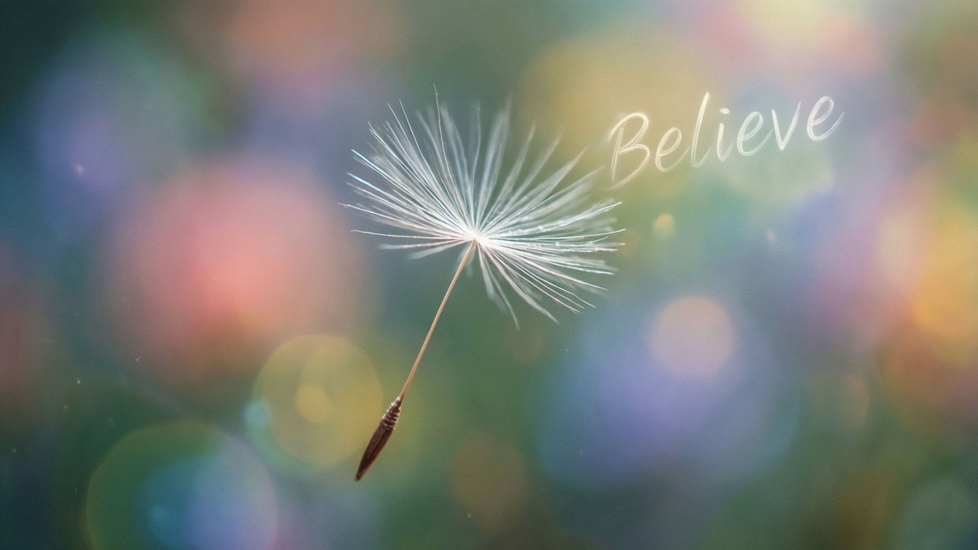 believe 桌布 壁紙 — 一個精緻的蒲公英種子頭漂浮在柔和的散景背景上，旁邊閃耀著Believe這個詞。