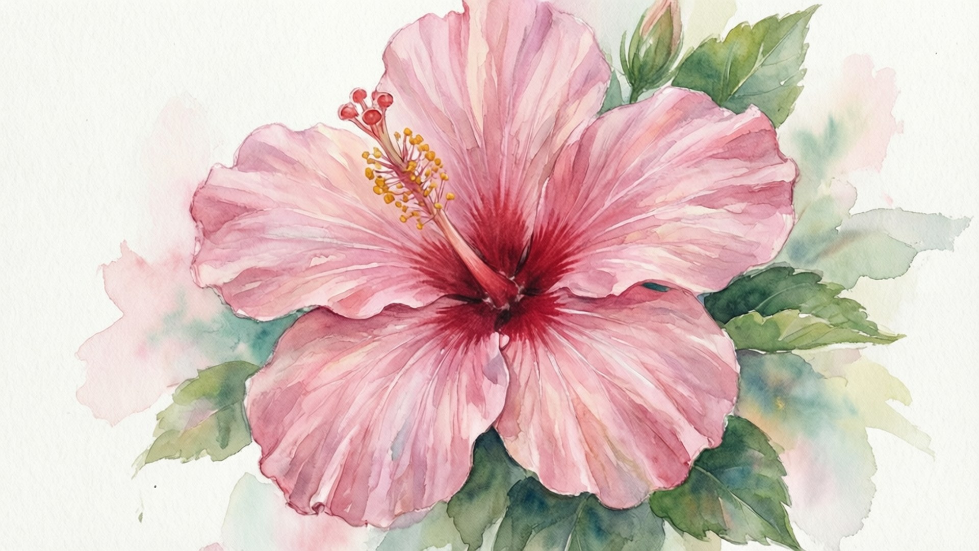 Watercolor Pink Hibiscus 壁紙 — 一幅精緻的水彩畫，描繪一朵帶有黃色雄蕊和綠色葉子的粉紅色木槿花，背景為柔和的白色。