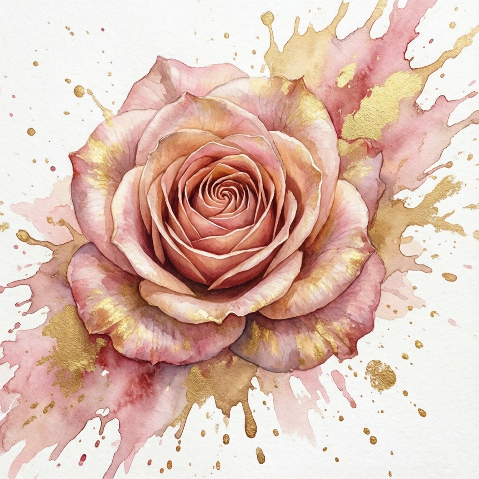 Watercolor Splash 壁紙 — 一朵柔和粉紅和金色色調的精緻水彩玫瑰，在白色背景上綻放，帶有表現力的顏料飛濺。