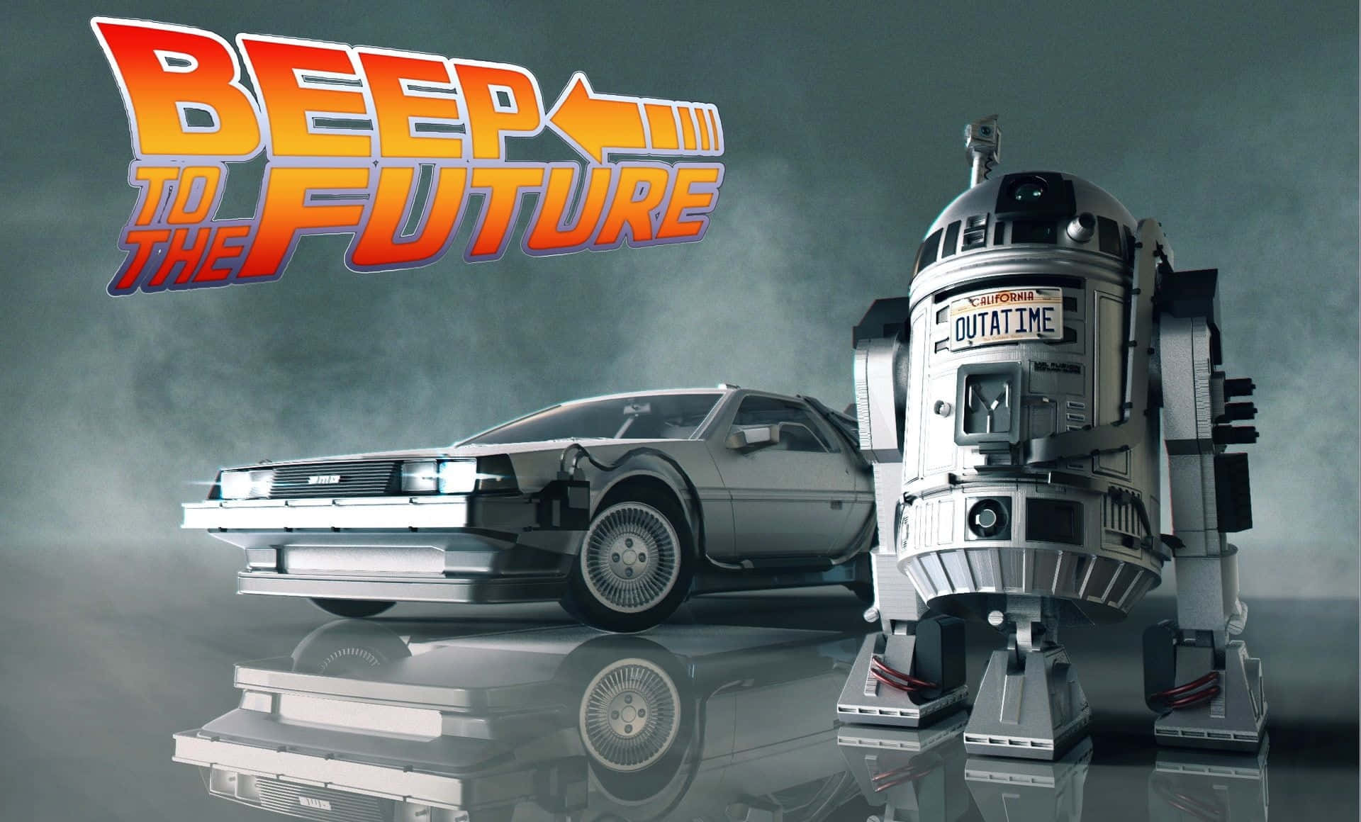  壁紙 — 一輛 DeLorean 時光機和 R2-D2 並排站在反光表面上的「Beep to the Future」標誌下。