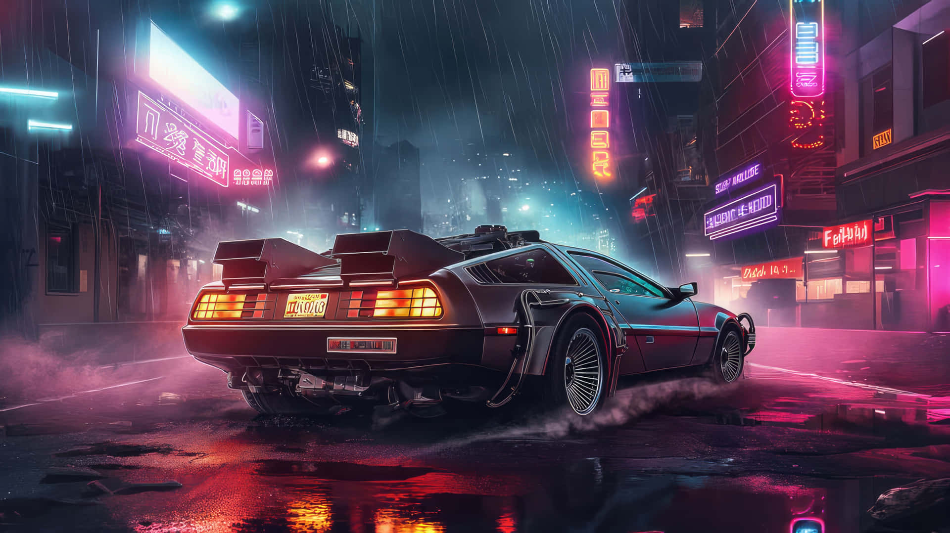  壁紙 — 一輛 DeLorean 時光機在夜晚疾馳穿過一條被雨水浸透、霓虹燈閃爍的賽博龐克城市街道。