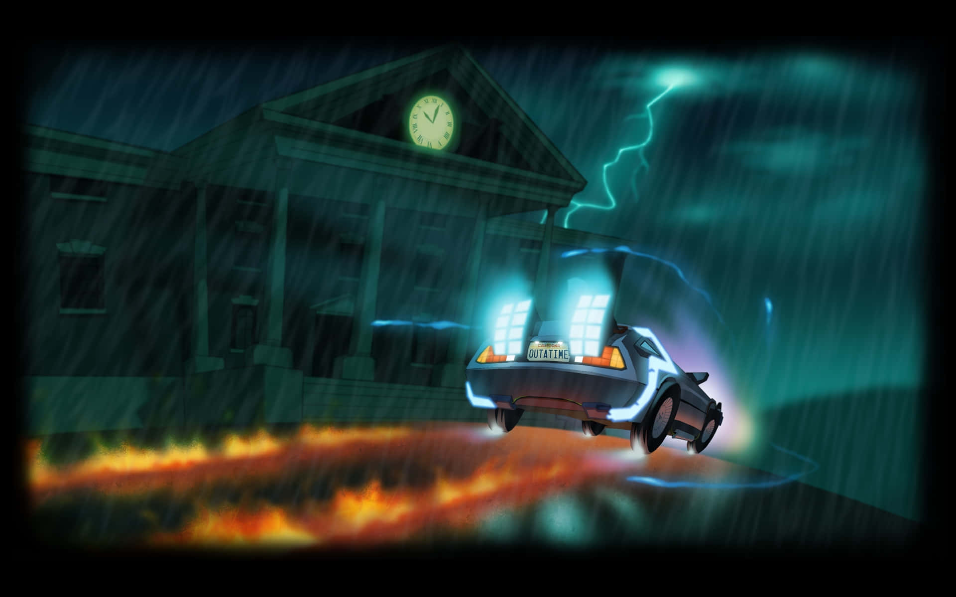  壁紙 — 一輛 DeLorean 時光機在雨夜街道上疾馳，伴隨著霓虹燈和閃電擊中鐘樓附近。