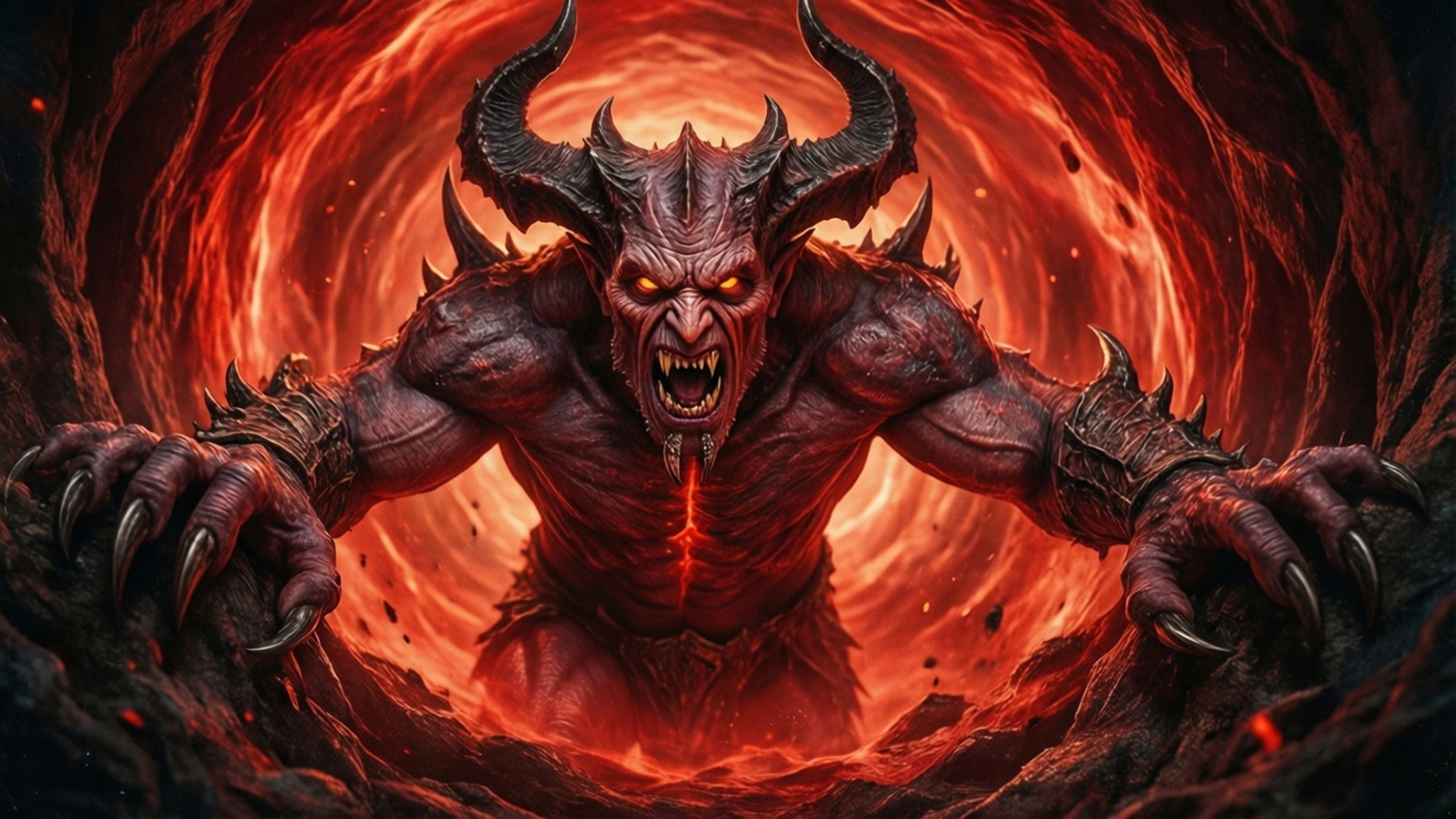 Diablo Portal Emergence 壁紙 — 一個惡魔般的生物，有著發光的黃色眼睛和尖刺的角，從一個熾熱洞穴中旋轉的紅色漩渦中出現。