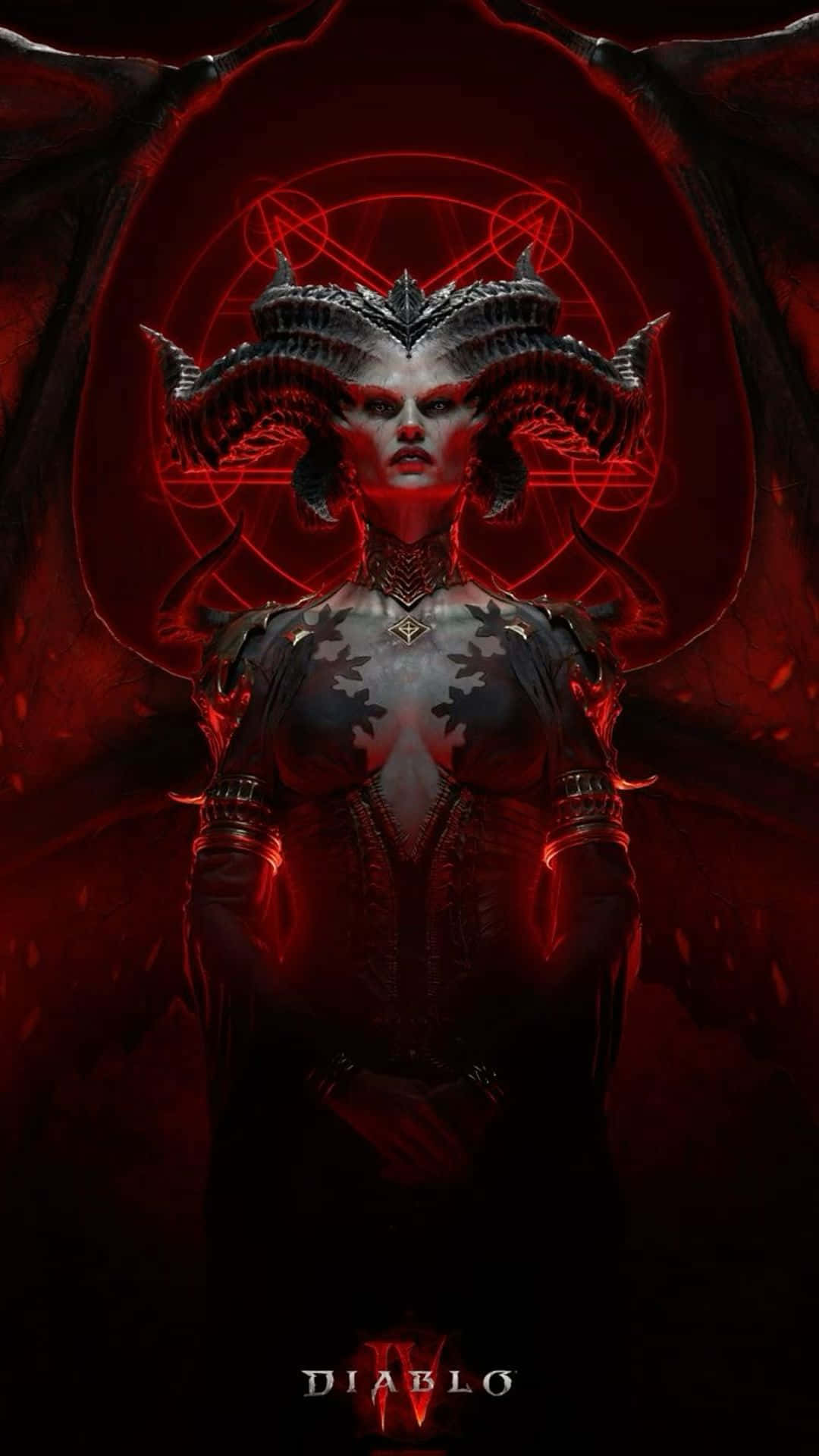  壁紙 — 一個帶有角和翅膀的惡魔女性形象，在黑暗的地獄場景中站在一個發光的紅色符號前。