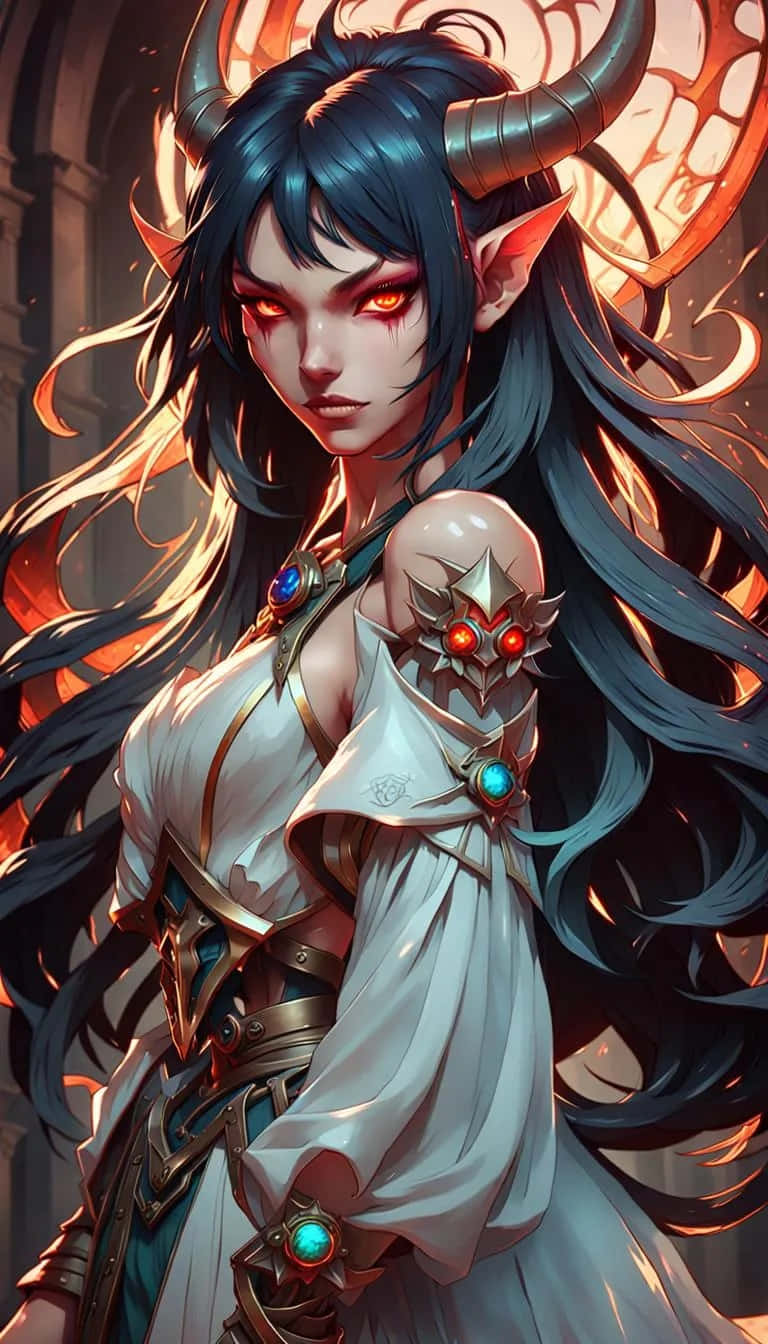  壁紙 — 一位擁有發光紅眼和角的惡魔女戰士，身穿華麗盔甲，站在熾熱的背景前。