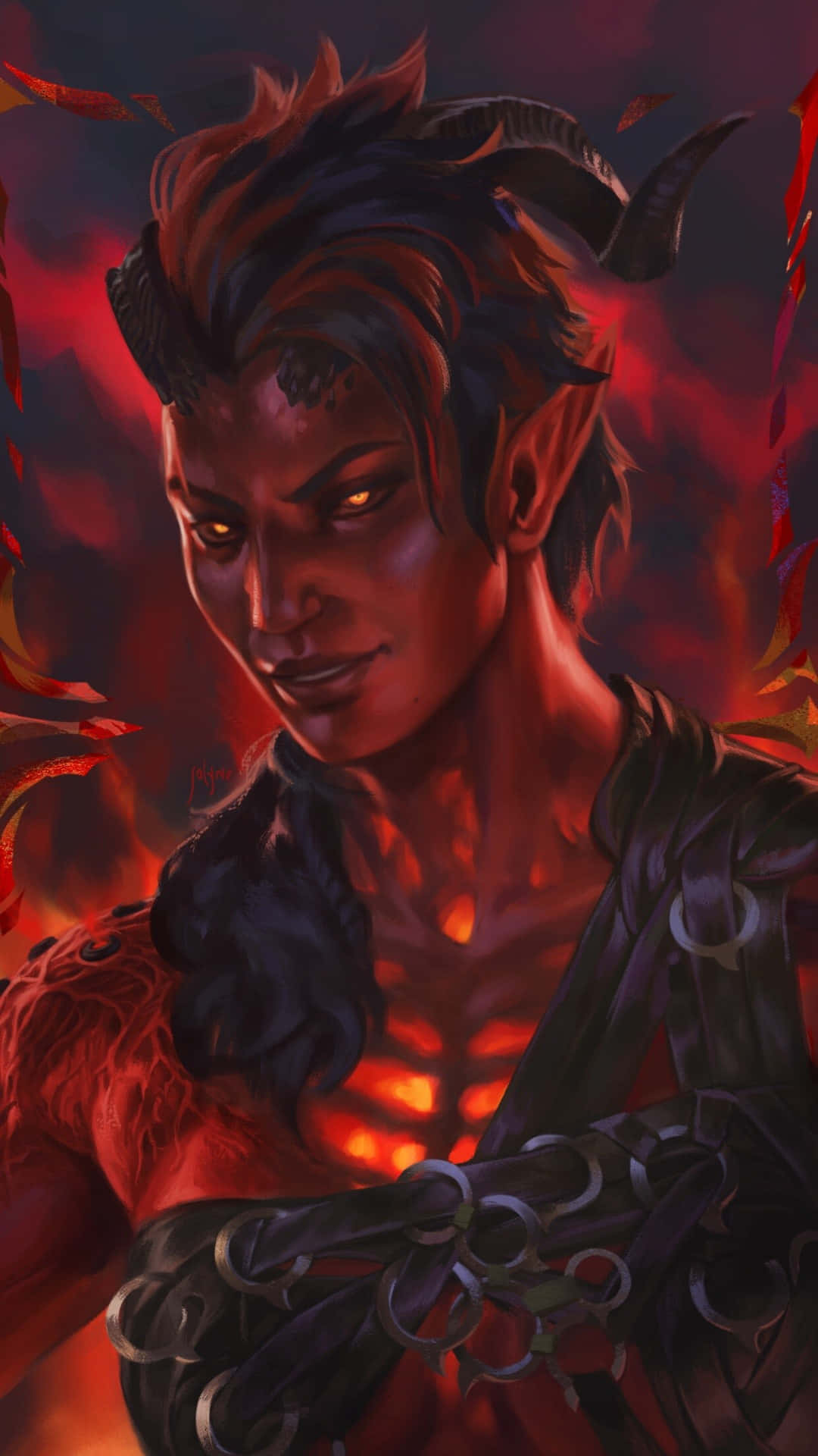  壁紙 — 一個擁有發光眼睛和角的惡魔般的人物，在黑暗而強烈的肖像中站在熾熱的紅色火焰中。
