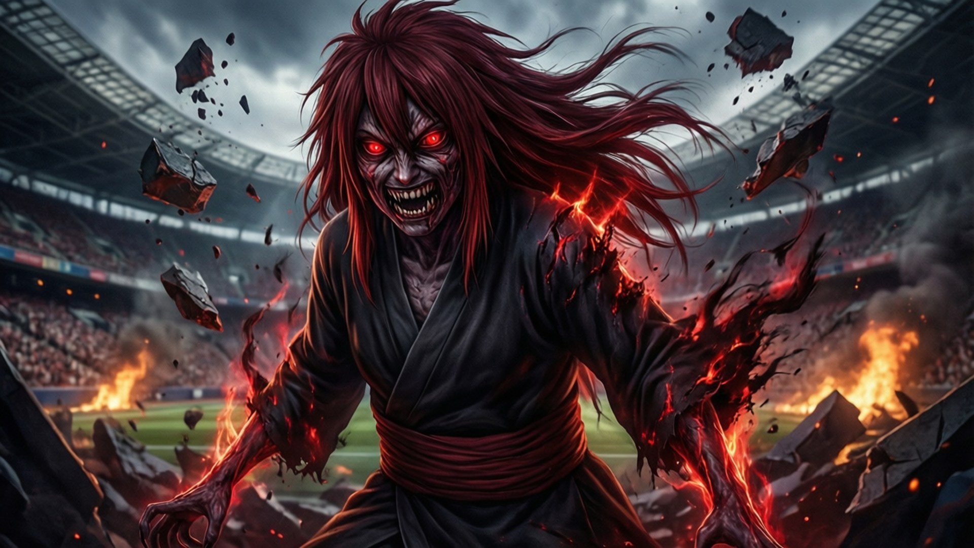 Shu's Dark Evolution 壁紙 — 一個惡魔般的身影，有著發光的紅眼睛和火焰手臂，在一個 crumbling 的體育館中肆虐，碎片飛揚，火焰在周圍爆發。