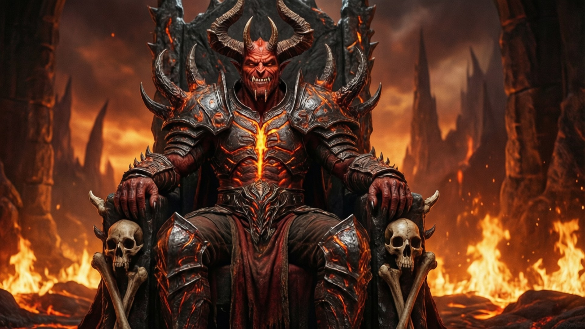 Diablo's Throne 壁紙 — 一位惡魔領主，擁有發光的紅眼睛和角，坐在一個佈滿尖刺的王座上，周圍是熾熱的熔岩和參差不齊的黑曜石尖塔。