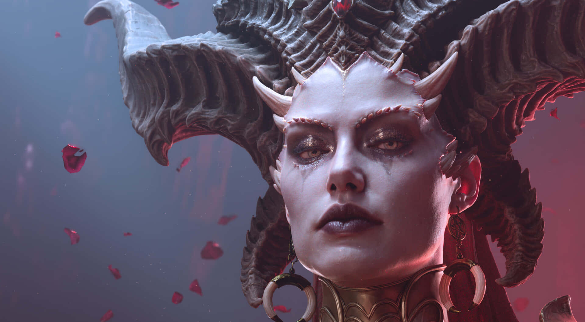  壁紙 — 一位擁有華麗角與發光眼睛的惡魔女王，在黑暗神秘的氛圍中被漂浮的紅色花瓣環繞。