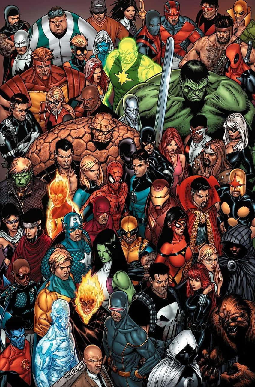 Marvel Vs Dc Universe 桌布 壁紙 — 一幅密集的漫畫插圖，以鮮豔色彩和戲劇性燈光，描繪數十位標誌性超級英雄和反派，姿態動感十足。