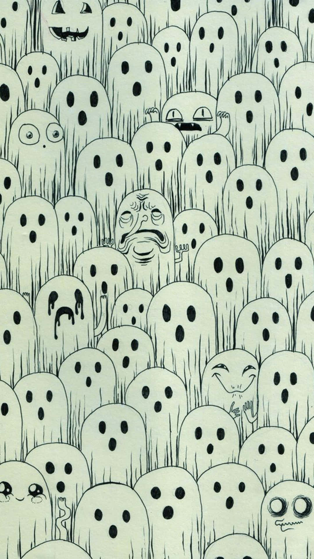  壁紙 — 一群密集的卡通風格鬼魂，表情各異，以單色線條藝術風格呈現。