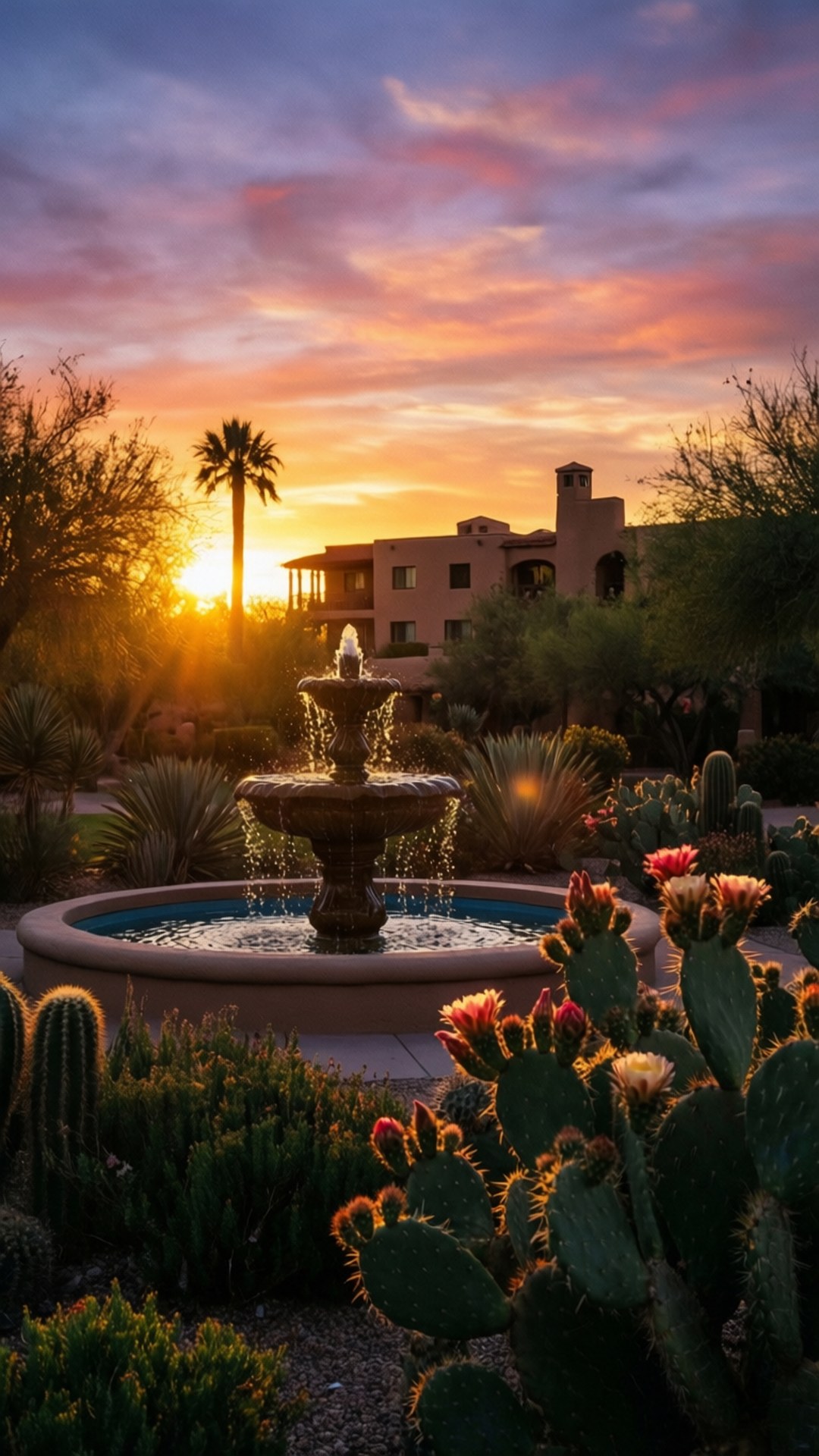 La Posada Garden Twilight 壁紙 — 沙漠噴泉在日落時分閃耀，盛開的仙人掌和棕櫚樹在火紅的天空襯托下形成剪影。