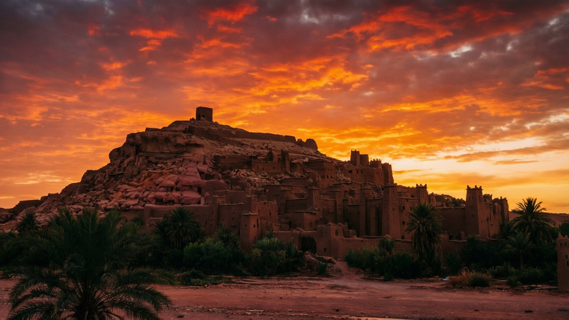 Timbuktu Sunset Silhouette 壁紙 — 沙漠城堡在火紅的橙色和紅色日落天空下形成剪影，前景有棕櫚樹。