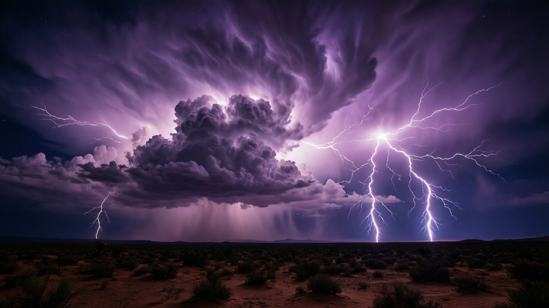 Violet Storm Desert 壁紙 — 沙漠景觀，戲劇性的紫色暴風雨天空，多道閃電從高聳的雲層中劈下。