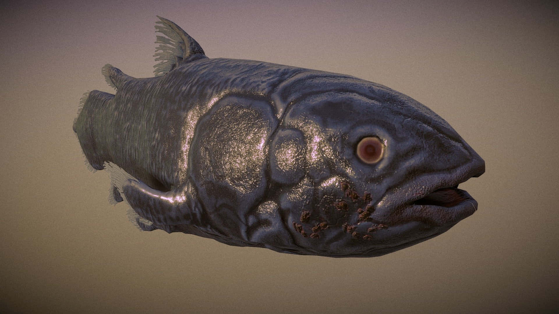  壁紙 — 一條怪誕的深色魚的詳細3D渲染，具有紋理鱗片和單一發光的眼睛，背景柔和。