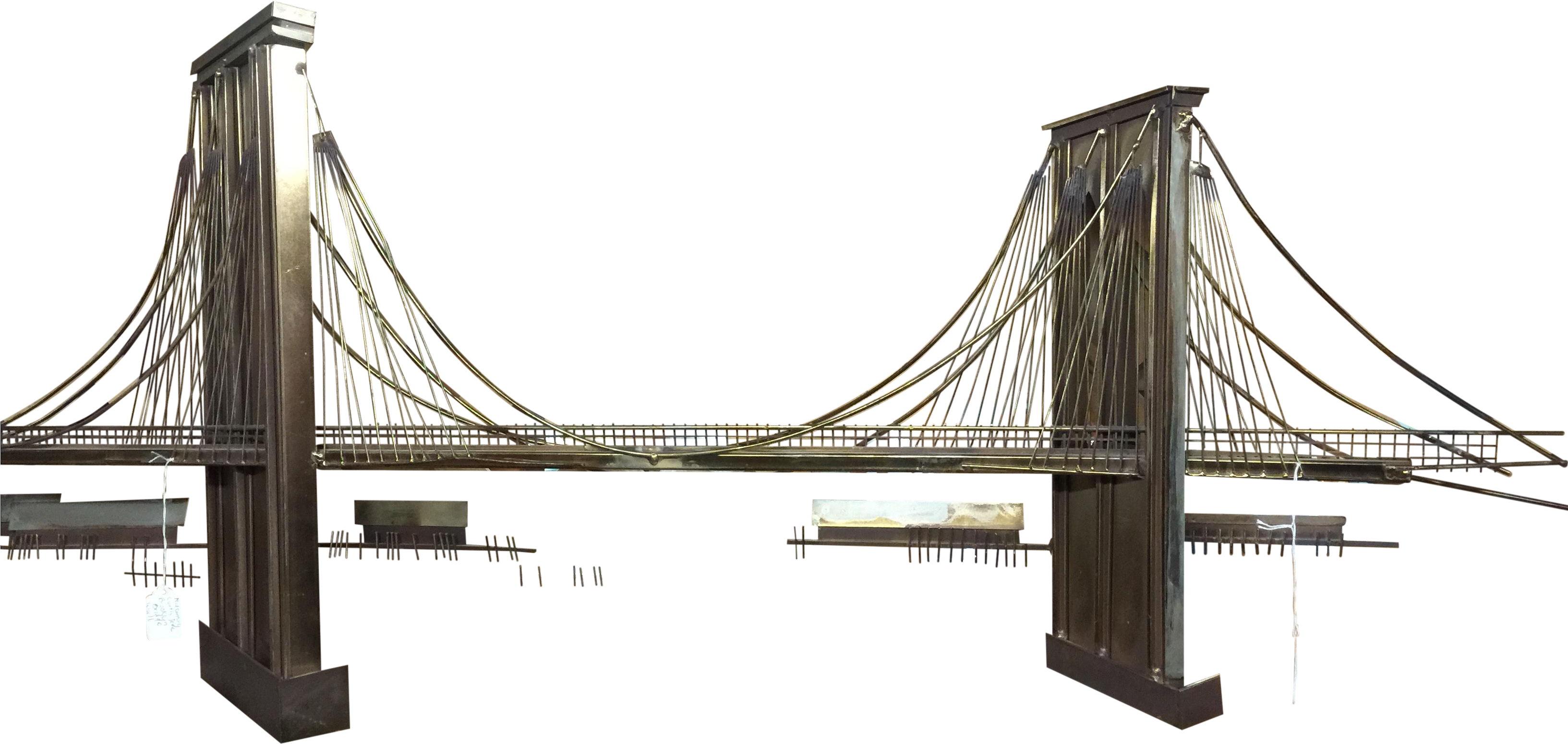 一座金屬懸索橋，帶有金色纜索，孤立在黑色背景上。 — 3D 壁紙