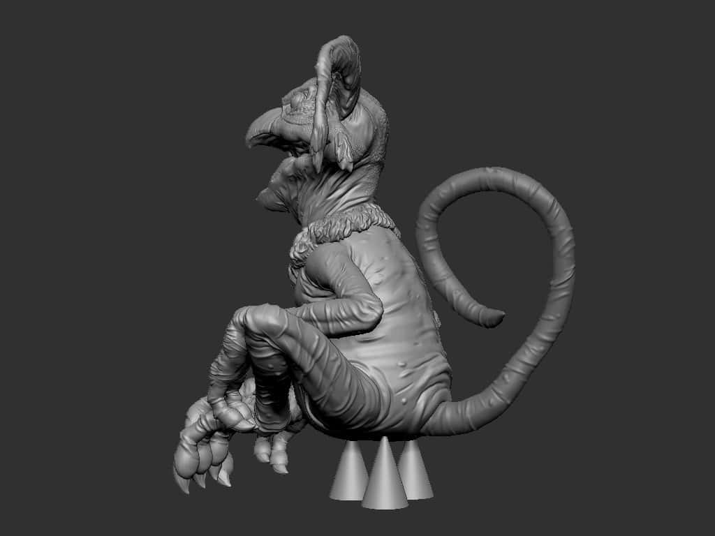 一個灰色的3D渲染奇幻怪物，有長尾巴和爪子，坐在圓錐上。 — 3D 壁紙