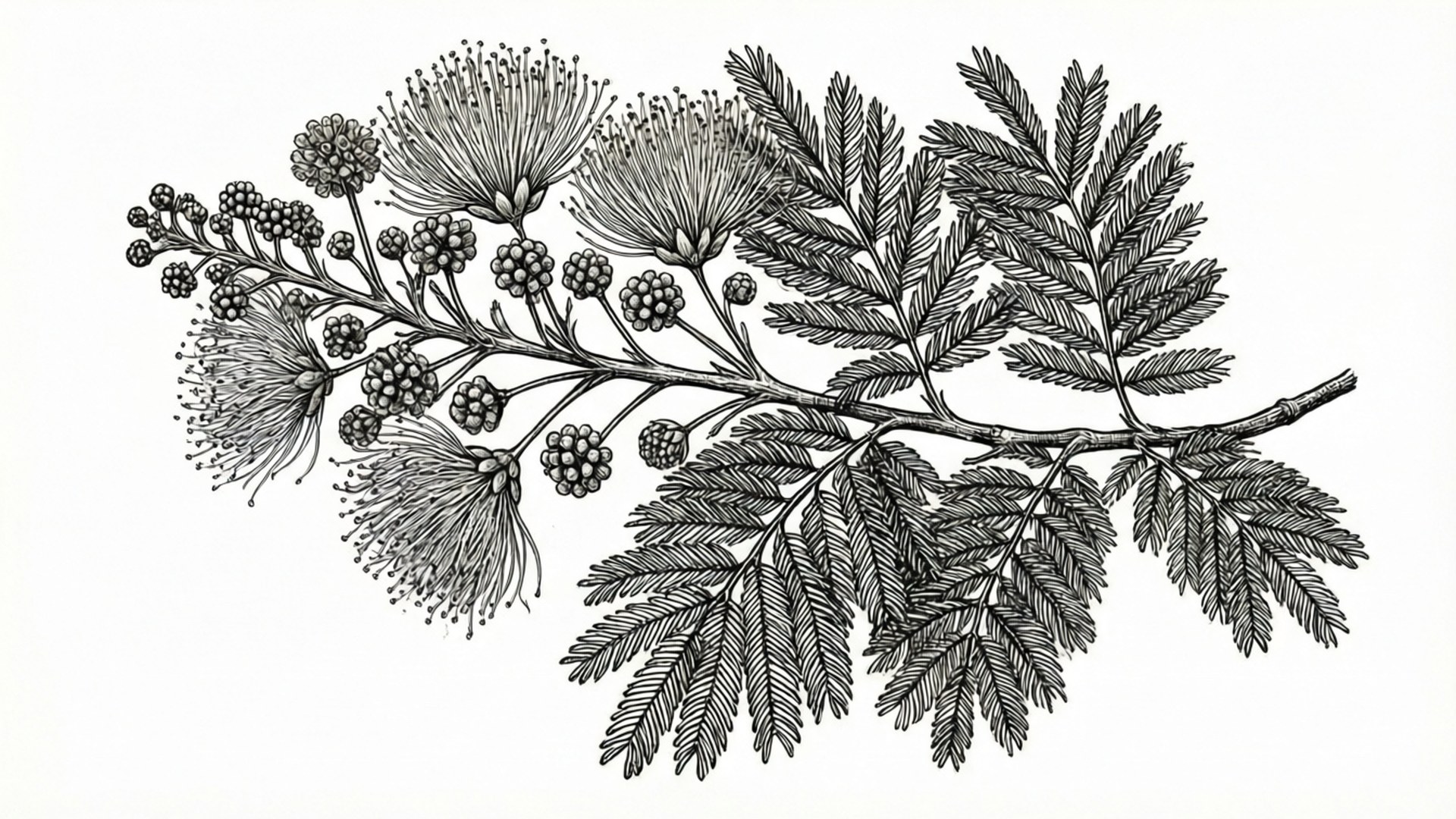Mimosa Botanical Line Art 壁紙 — 含羽毛狀葉子和蓬鬆絨球花的含羞草枝條的詳細黑白植物插圖。