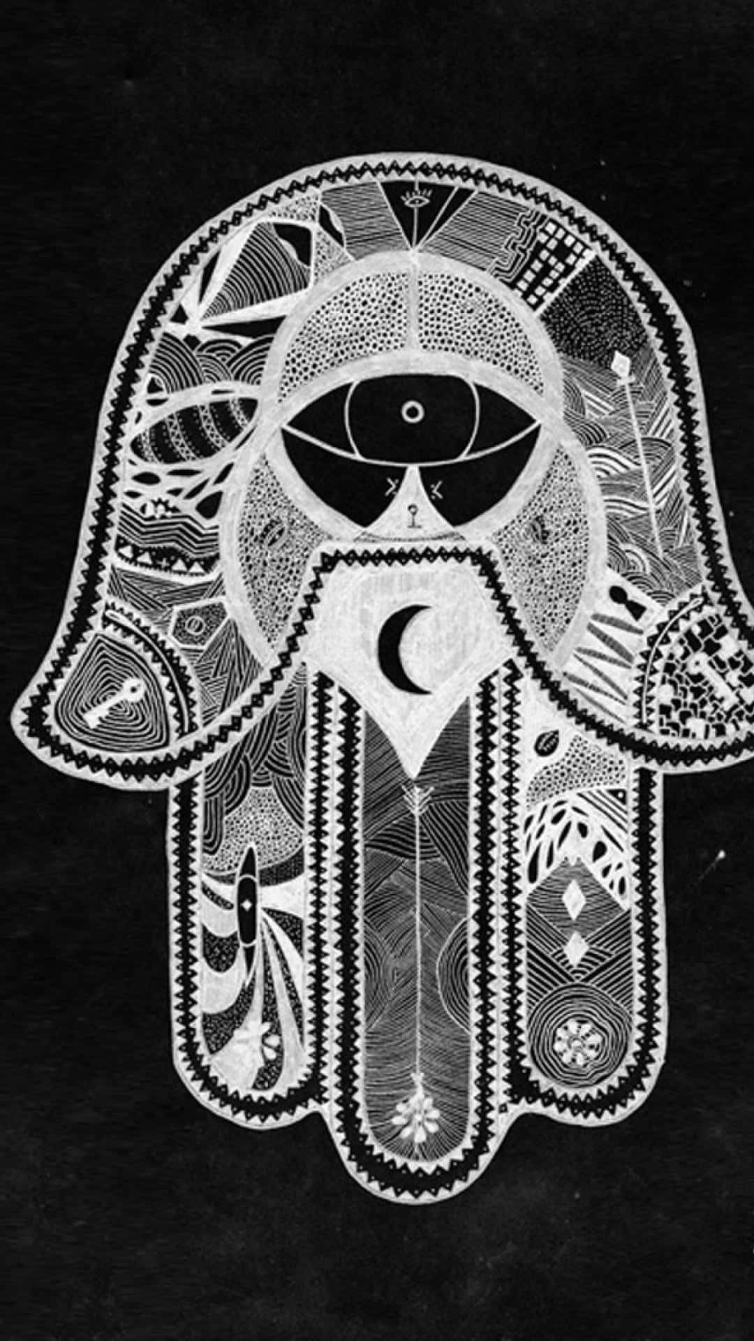 Hamsa 桌布 壁紙 — 一個詳細的黑白漢莎手符號，中心有一個全視之眼和彎月。
