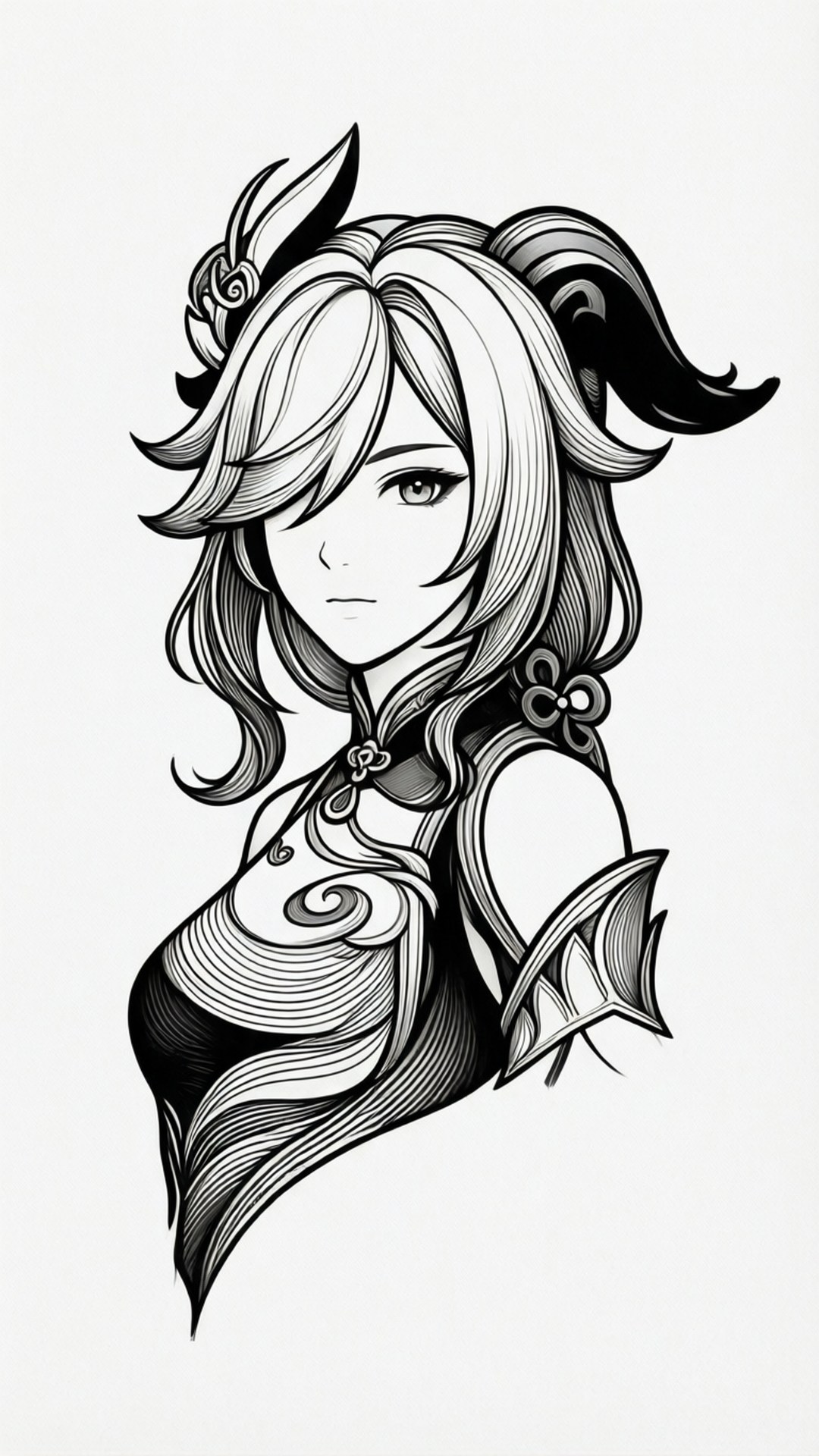 Minimalist Xiangling Line Art 壁紙 — 一個詳細的黑白線條藝術肖像，描繪一位擁有飄逸頭髮和華麗服飾的女性動漫角色。
