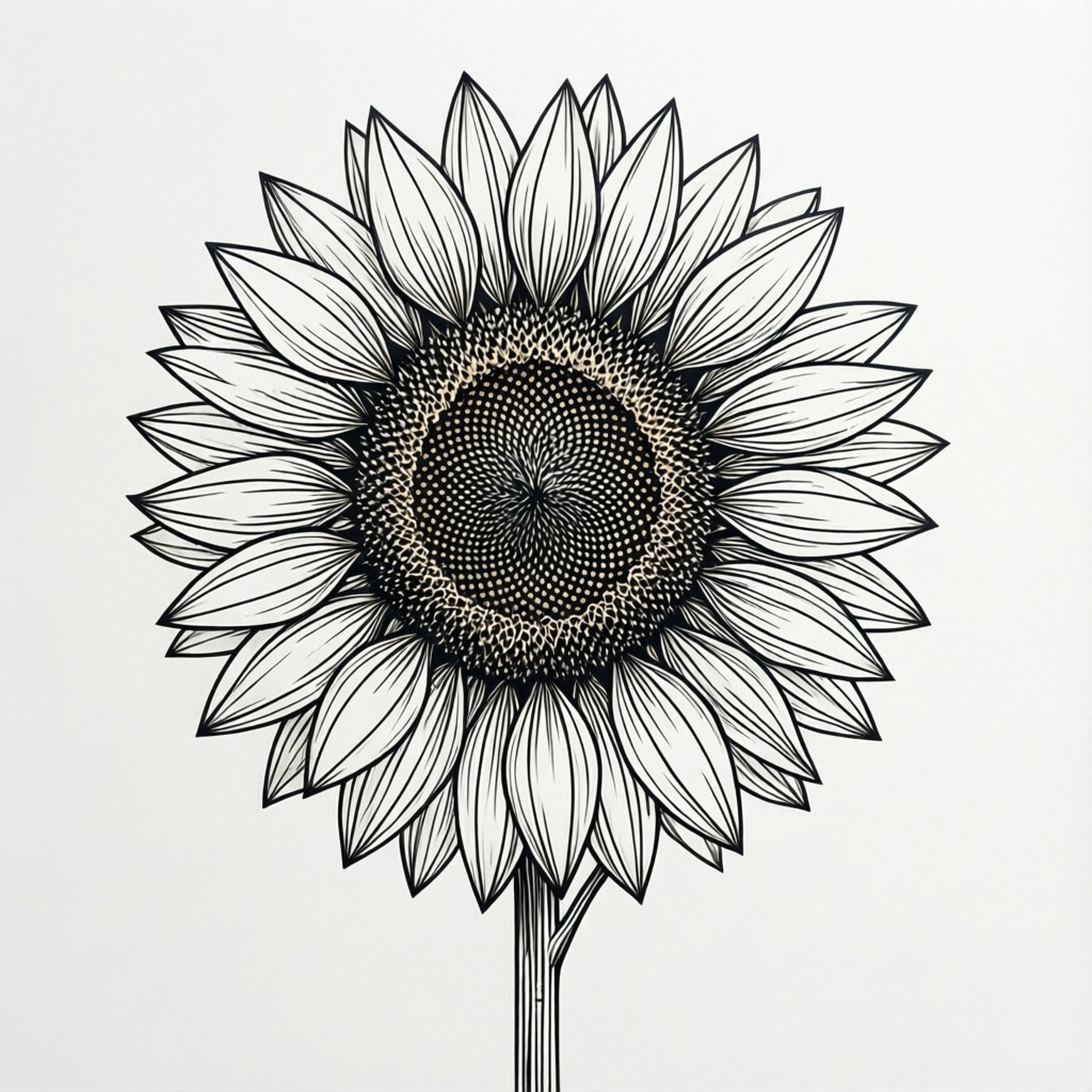 Line Art Sunflowers 壁紙 — 一幅詳細的黑白線條畫，描繪向日葵，花瓣精緻，中心有紋理，背景淺色。