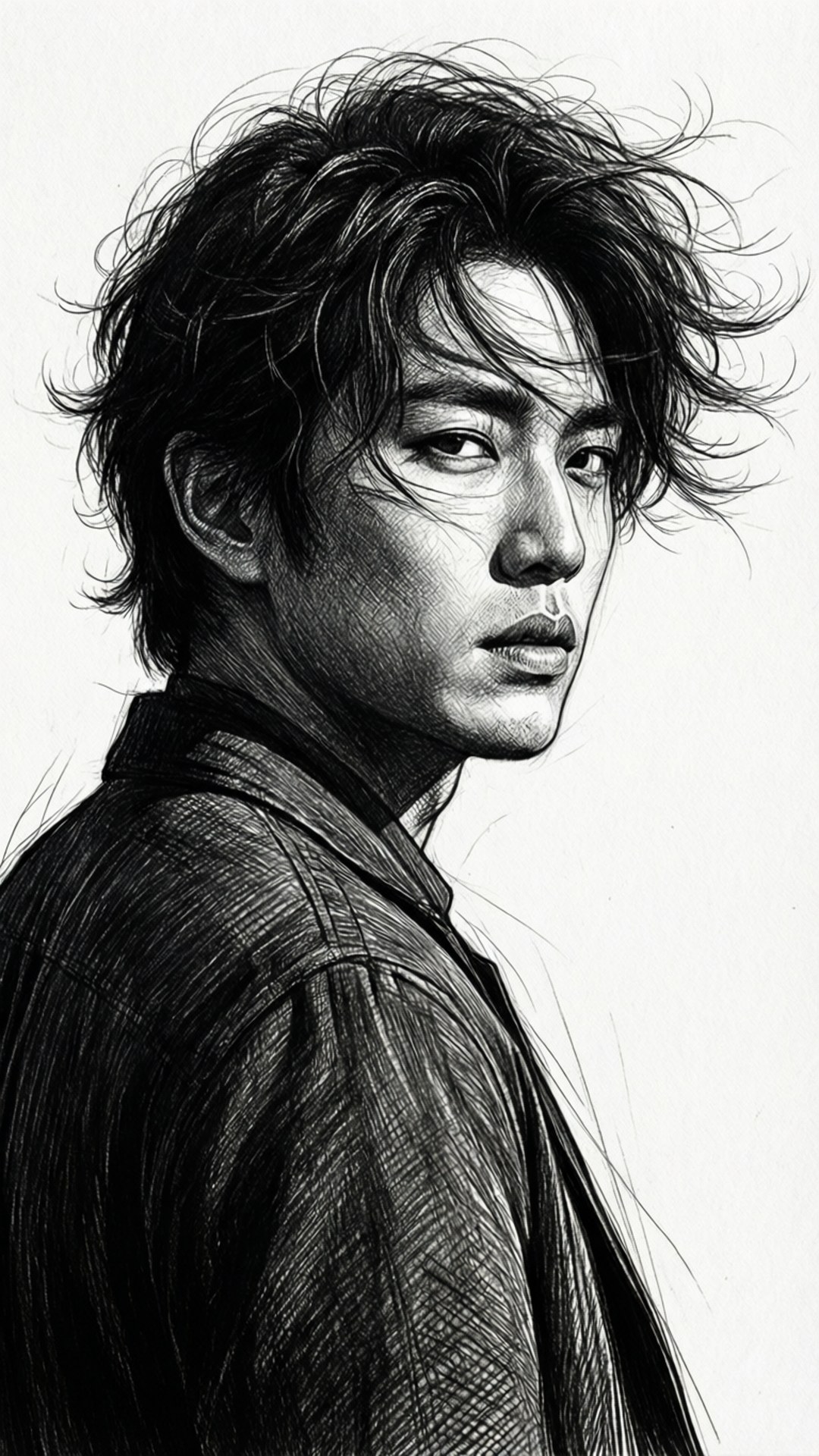 Monochrome Glance 壁紙 — 一個詳細的黑白素描，描繪一個頭髮蓬亂的男人穿著質感外套回頭看。