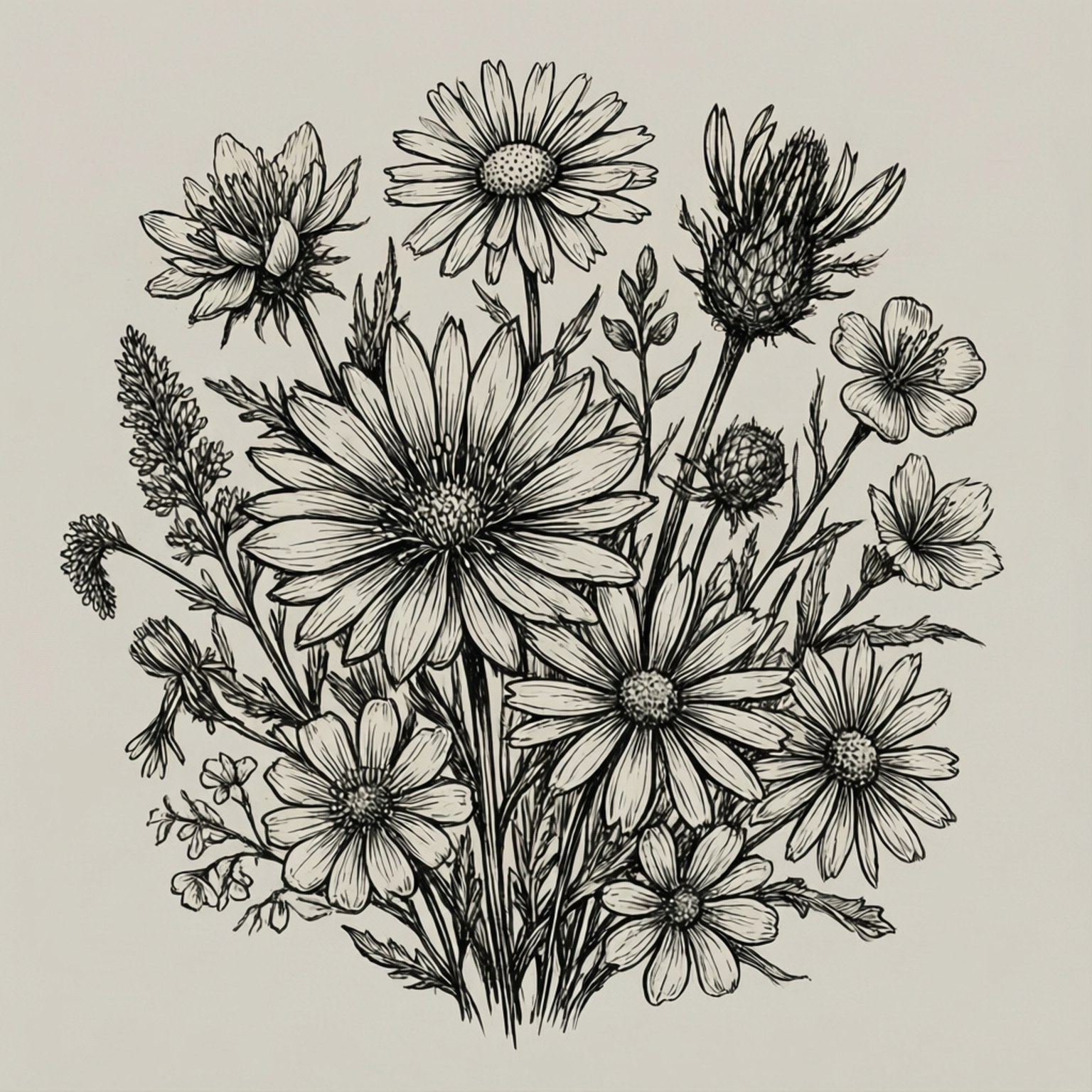 Wildflowers Free 桌布 壁紙 — 一幅詳細的黑色墨水插圖，描繪了各種野花和薊草，以密集的花束形式排列在淺米色背景上。