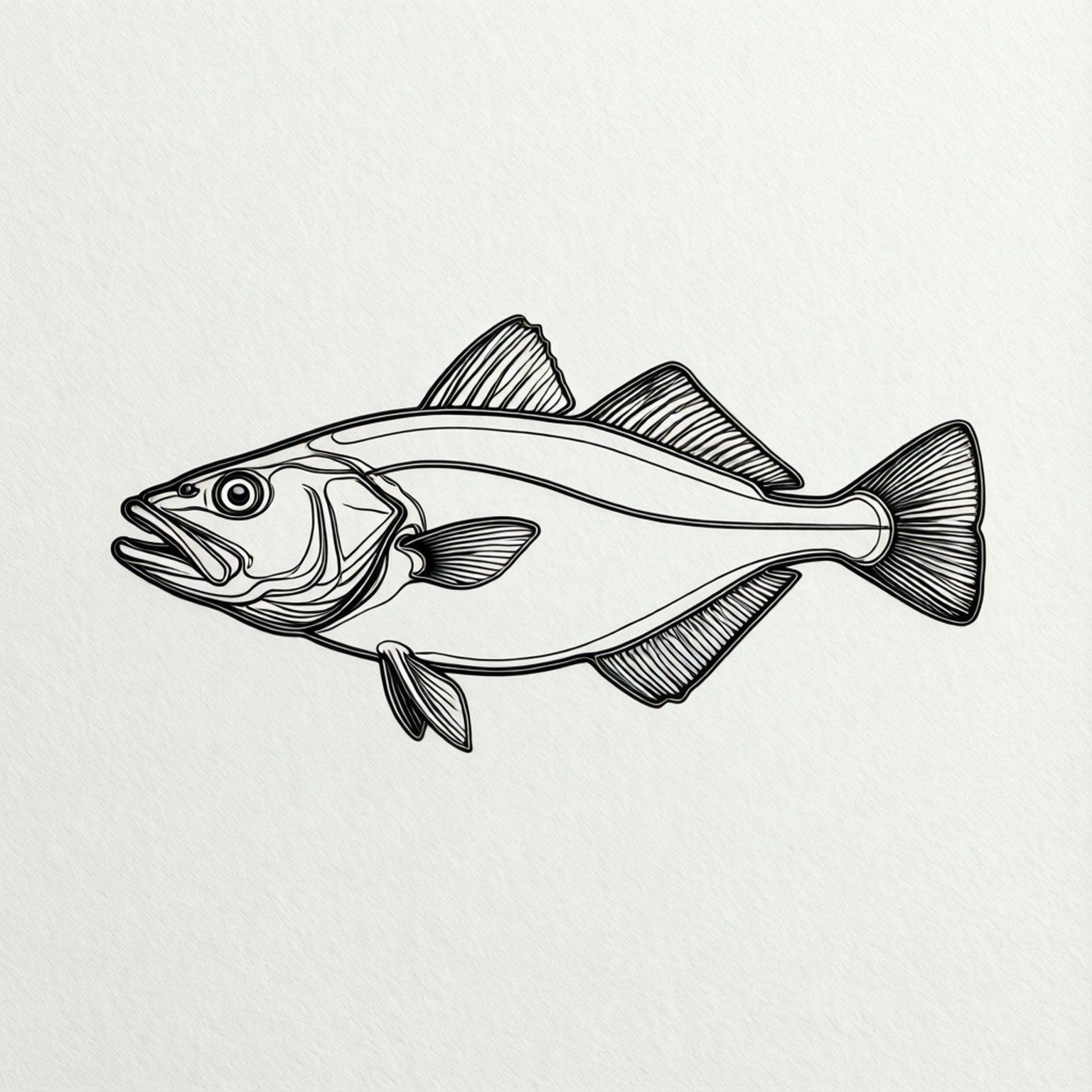 Haddock Line Art 壁紙 — 一張詳細的黑色墨水線條畫，描繪一條帶有紋理魚鰭的魚，繪於有紋理的米白色紙上。