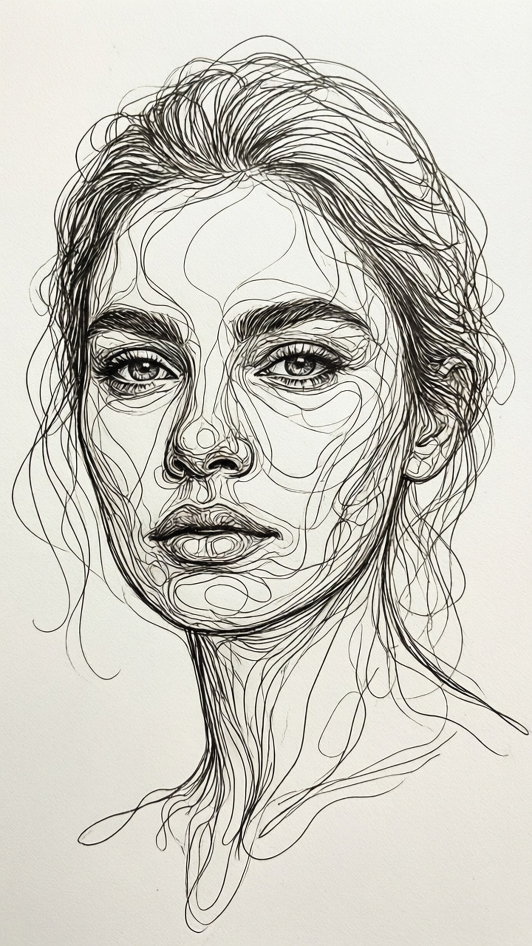 Continuous Line Portrait 壁紙 — 一幅詳細的黑色墨水線條畫，描繪一位女性面孔，擁有飄逸的頭髮和富有表現力的眼睛，繪於白紙上。