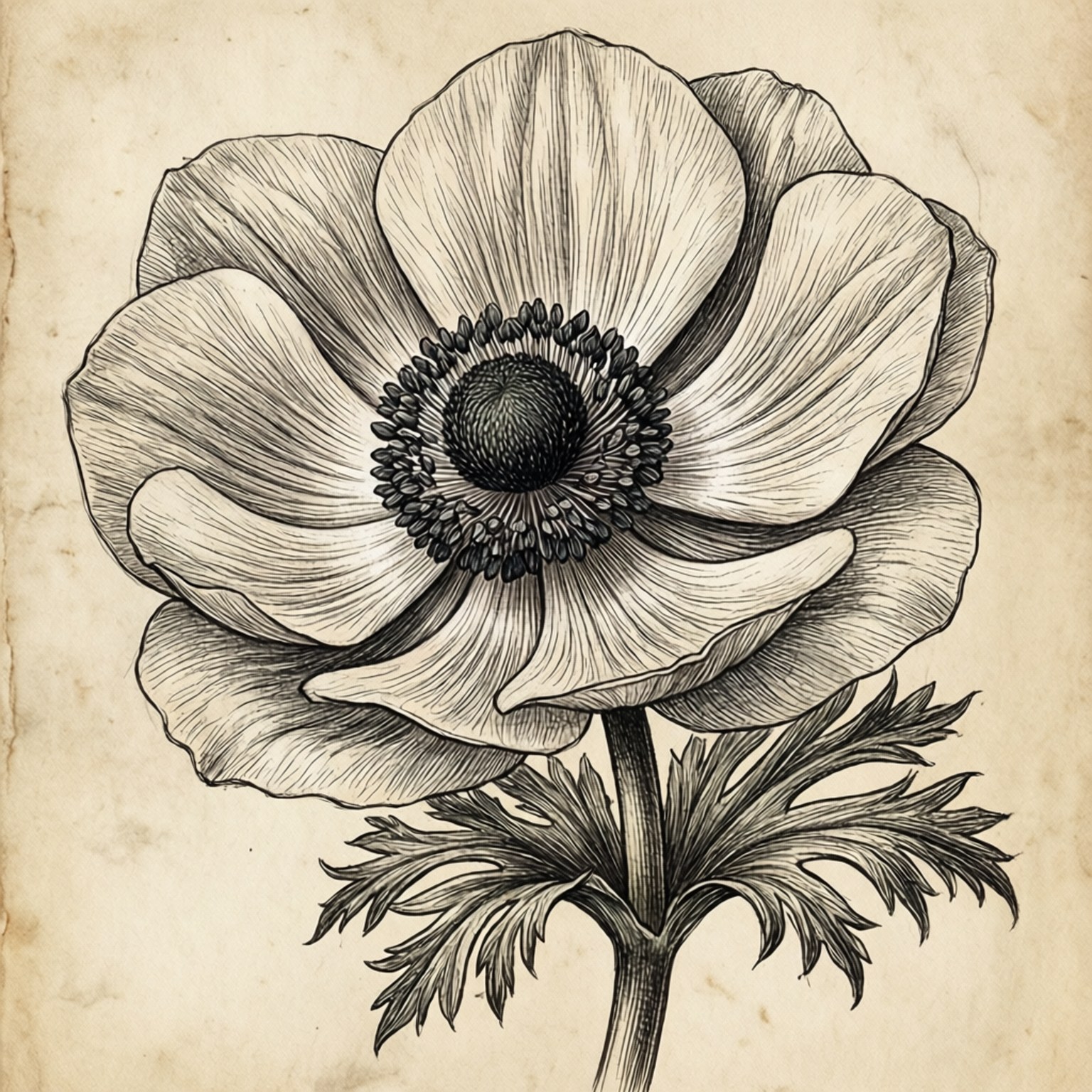 Botanical Anemone Sketch 壁紙 — 一幅詳細的黑色墨水素描，描繪一朵單獨的銀蓮花，花瓣層疊，中心有紋理，繪於仿舊羊皮紙上。
