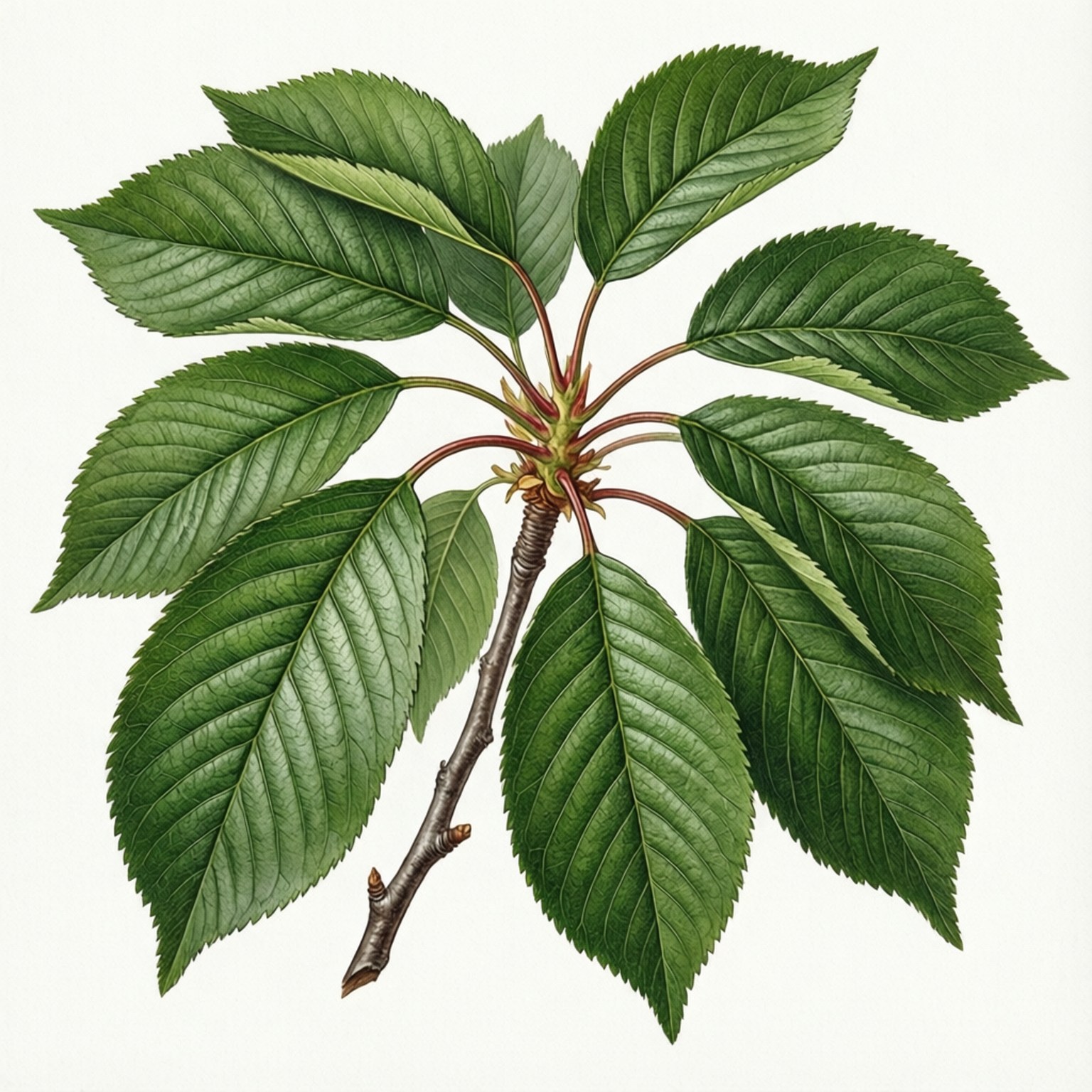 Cherry Branch Study 壁紙 — 一個詳細的植物插圖，描繪櫻花枝條，帶有光澤的綠色葉片和可見的葉脈，背景為純色。