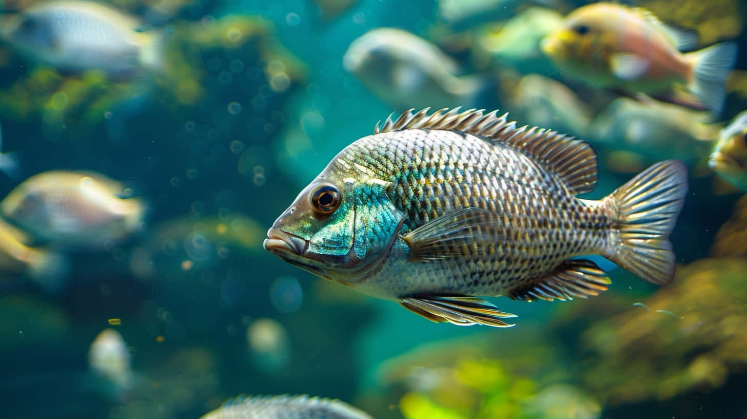  壁紙 — 一條色彩繽紛的魚在清澈的藍綠色水中優雅地游動，背景中有其他魚類和水生植物，呈現柔焦效果的詳細特寫。