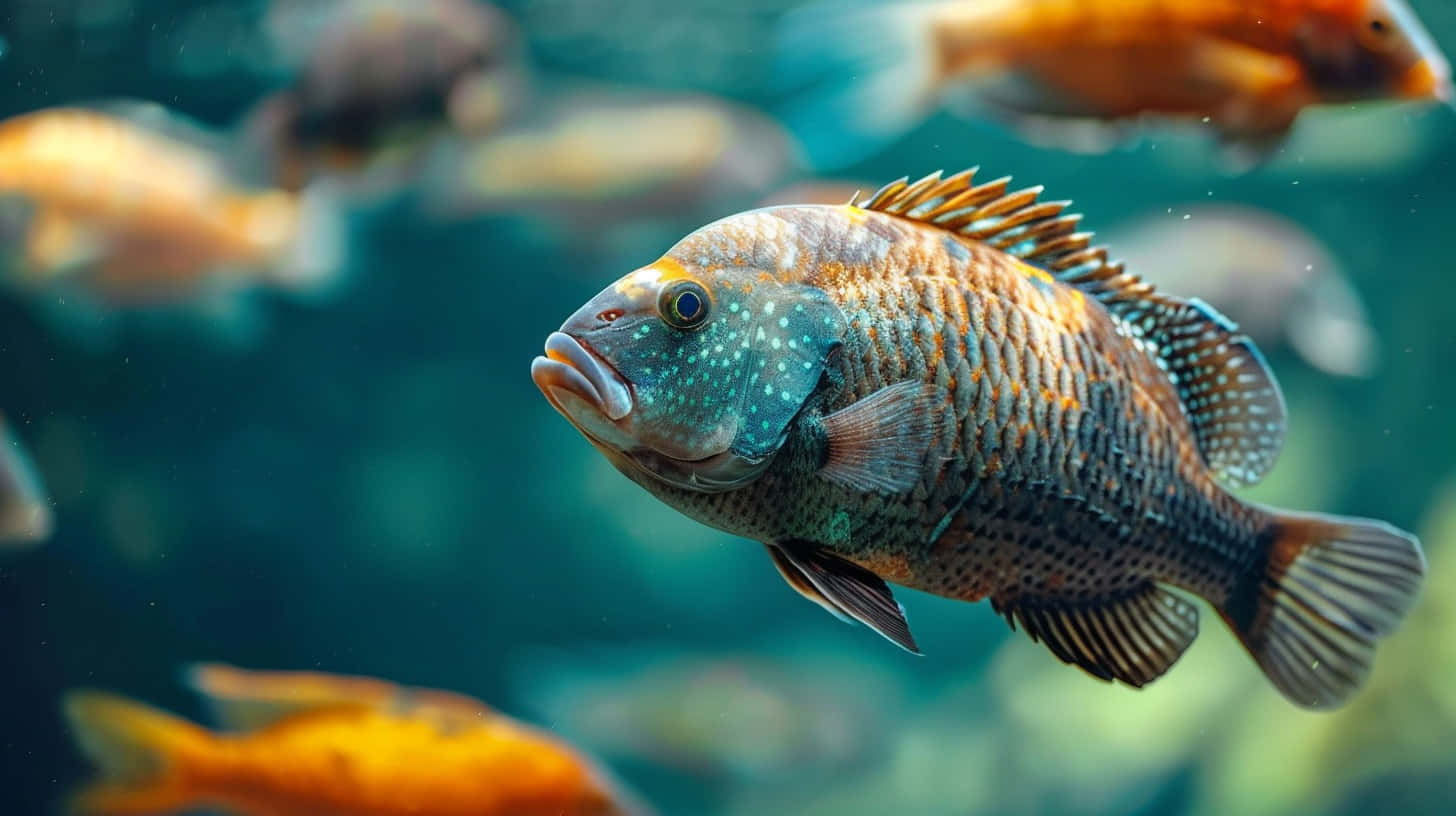  壁紙 — 一條斑點魚在清澈的藍綠色水中優雅地游動，背景中其他魚模糊的特寫細節。