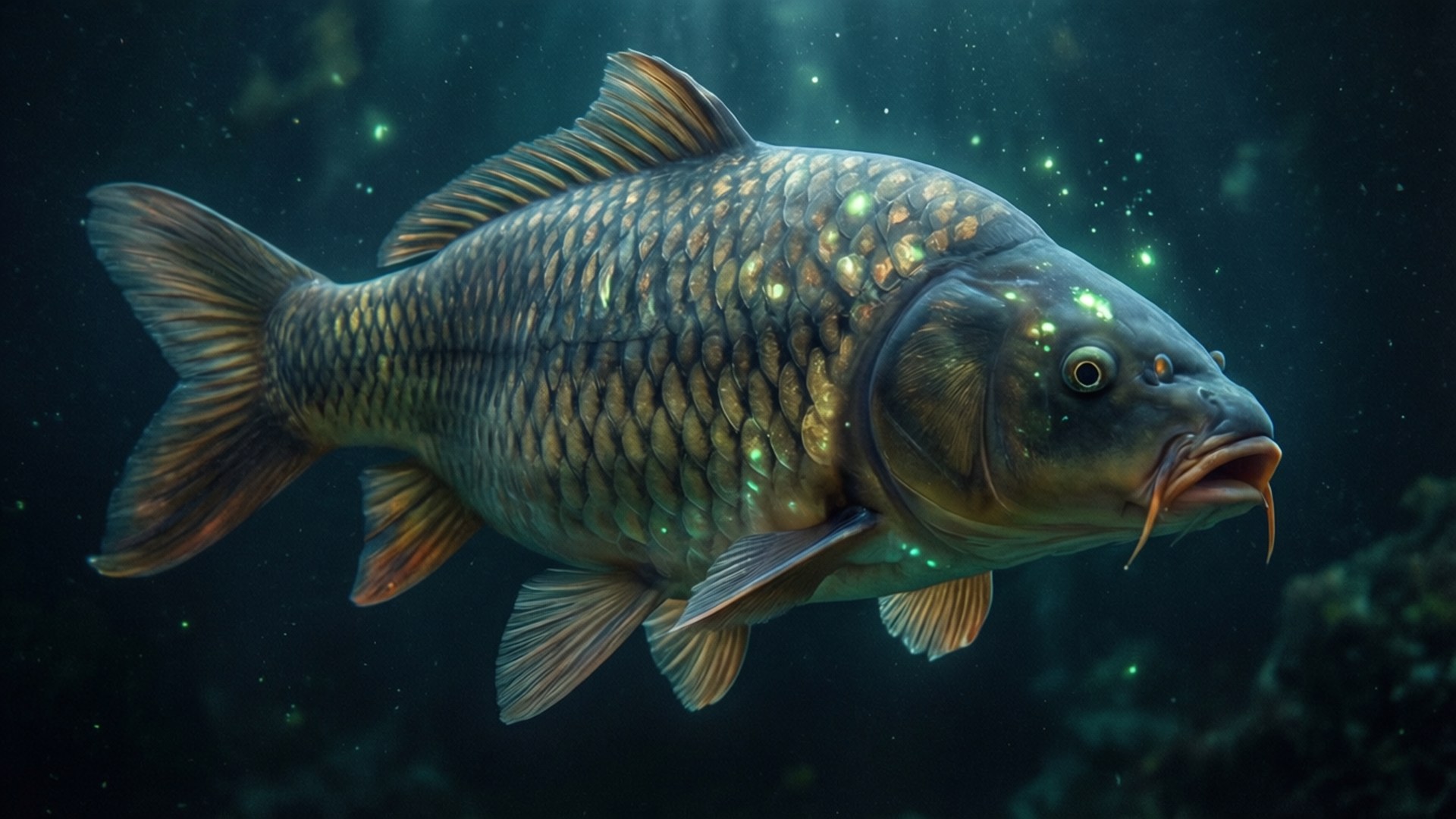 Mysterious Deep Carp 壁紙 — 一條細節豐富的數位藝術鯉魚優雅地游過被發光粒子和柔和光線照亮的黑暗水域。