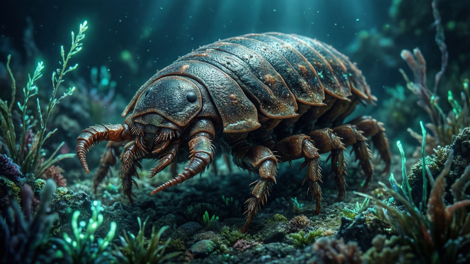 Cambrian 桌布 壁紙 — 一幅詳細的數位藝術描繪，展示一隻巨型等足類動物在陽光照射的水下珊瑚礁中爬行，伴隨著發光的綠色藻類。