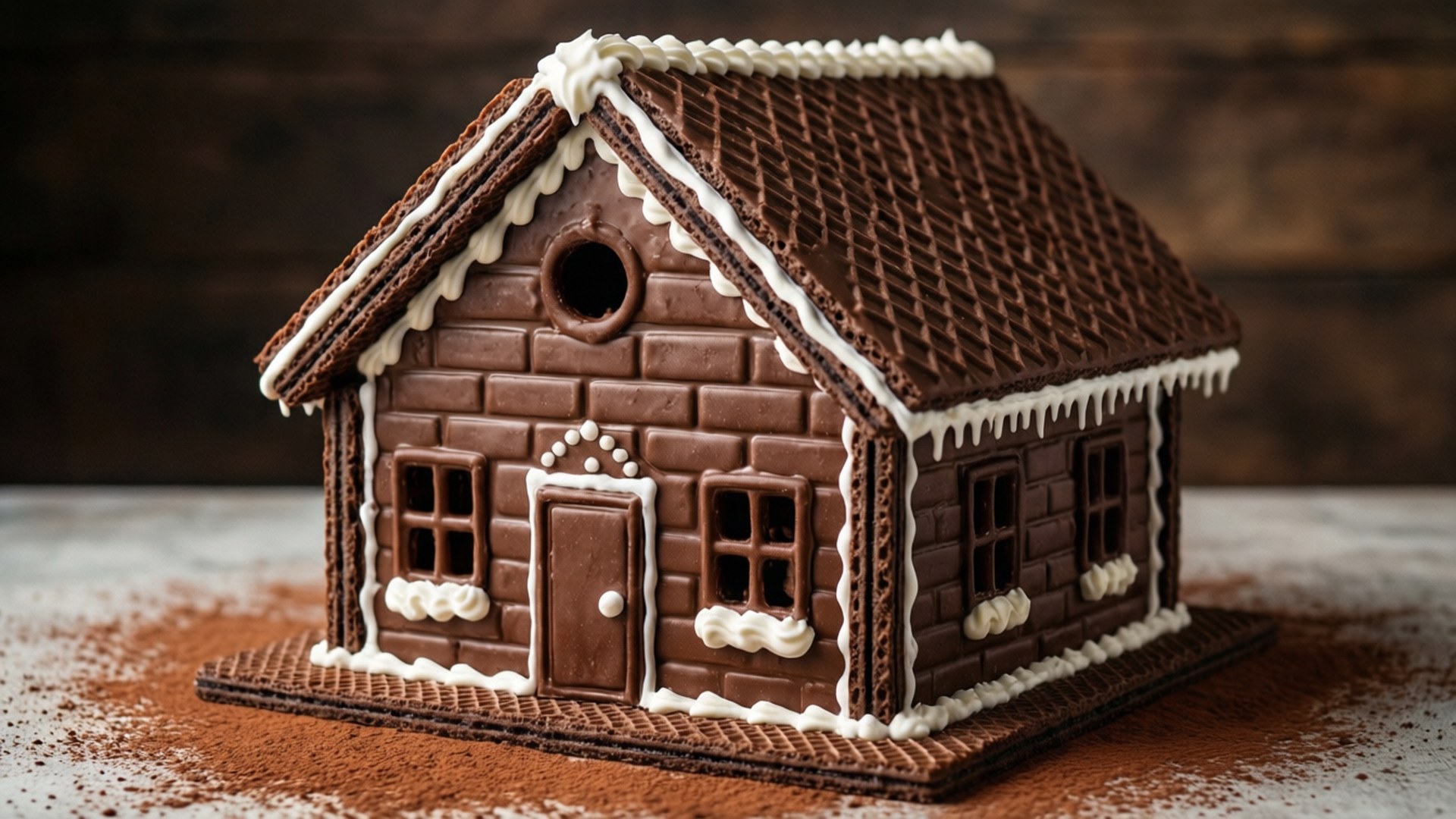 Chocolate Wafer Gingerbread House 壁紙 — 一個細節豐富的薑餅屋，有巧克力磚牆、白色糖霜裝飾和撒上可可粉的屋頂，放在質樸的木質表面上。