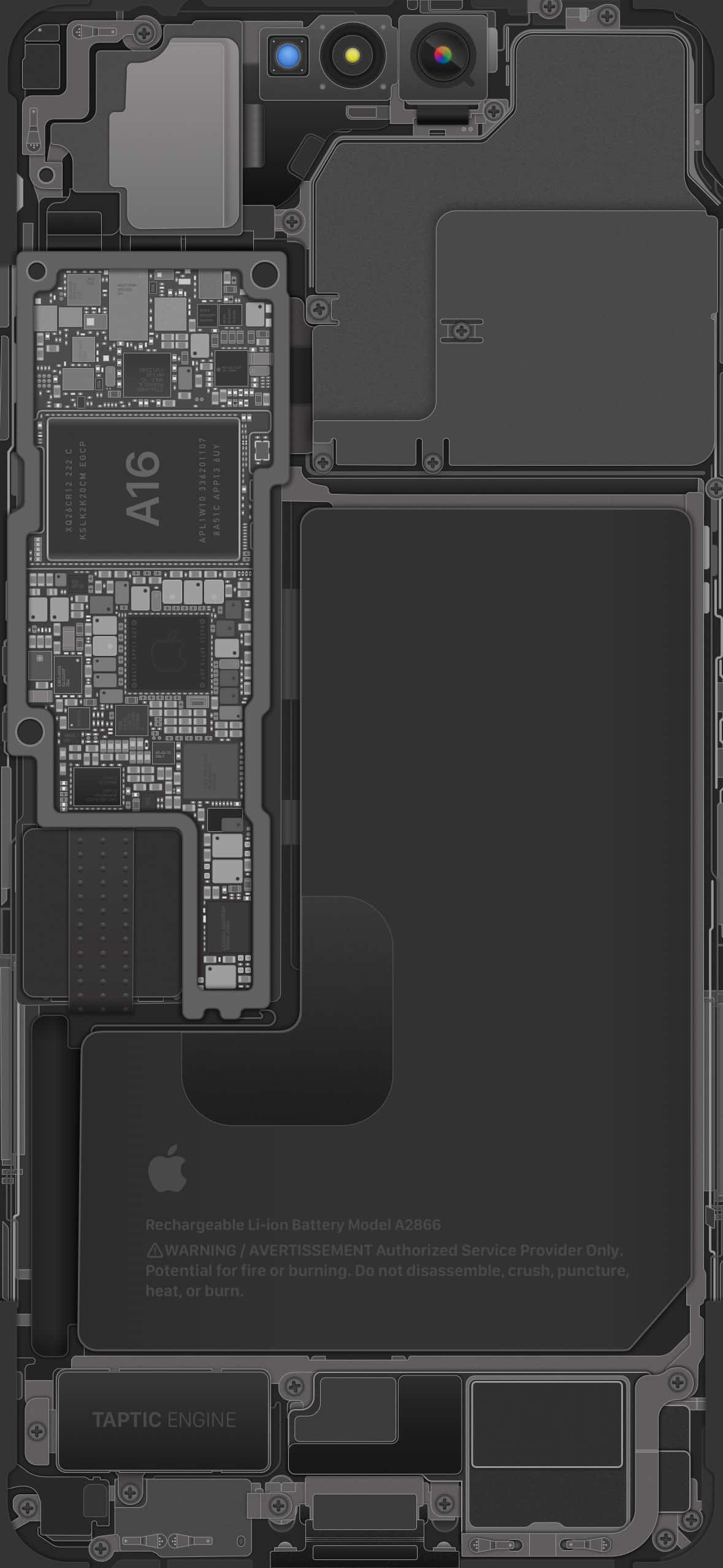 Chipset 桌布 壁紙 — iPhone內部元件的詳細灰階視圖，包括A16晶片、相機陣列和電池。