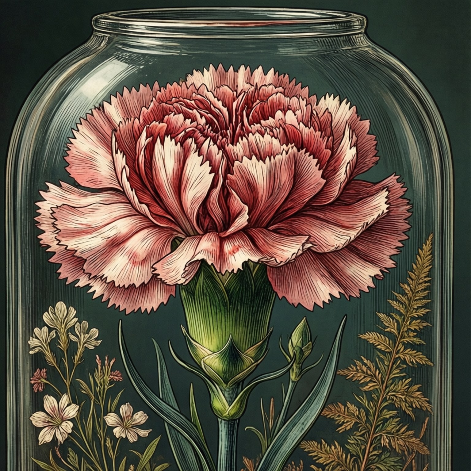 Botanical Carnation Terrarium 壁紙 — 詳細插圖，描繪一個玻璃罐中的粉紅色康乃馨，底部有蕨類植物和小花，背景為深綠色。
