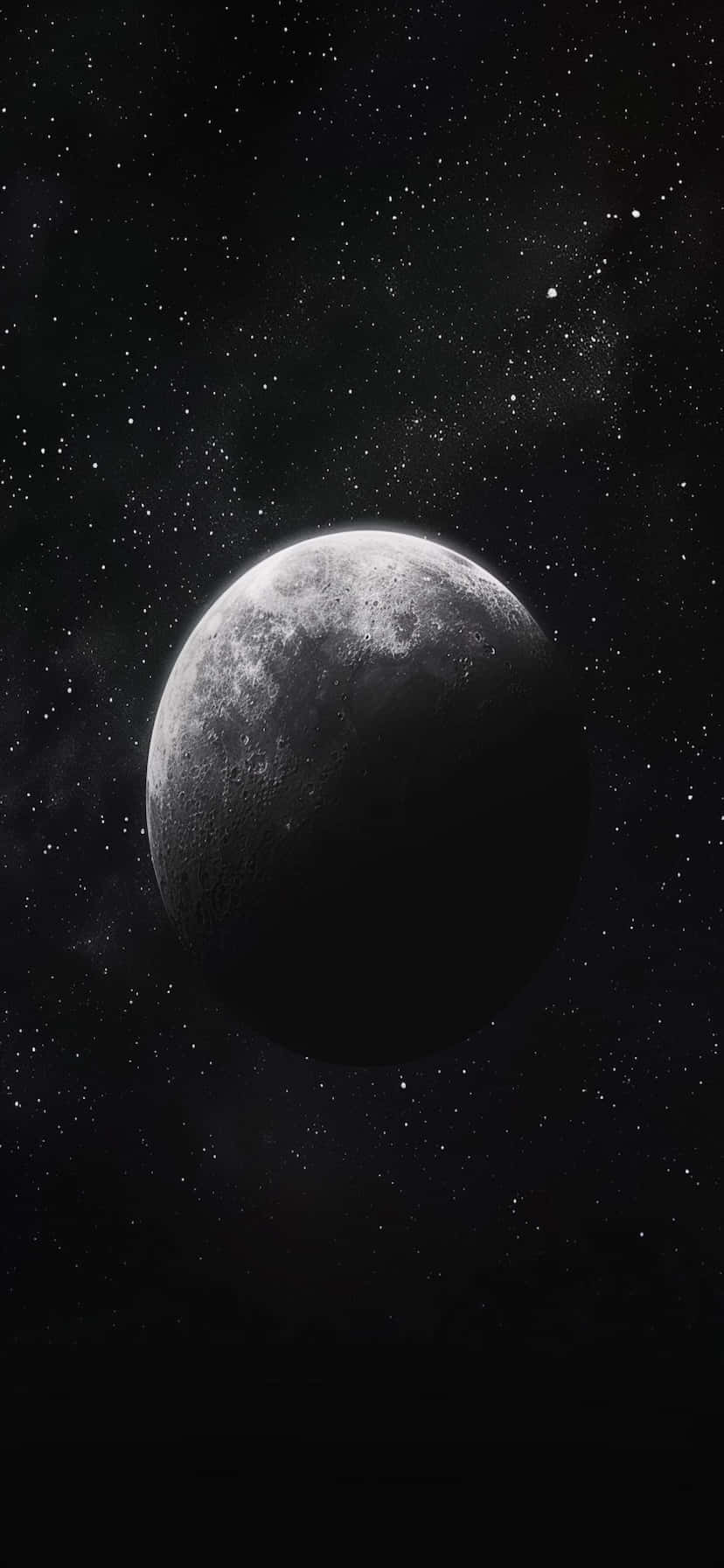  壁紙 — 一個細節豐富的月亮主導了繁星點點的夜空，帶有微妙的星雲和宇宙塵埃。