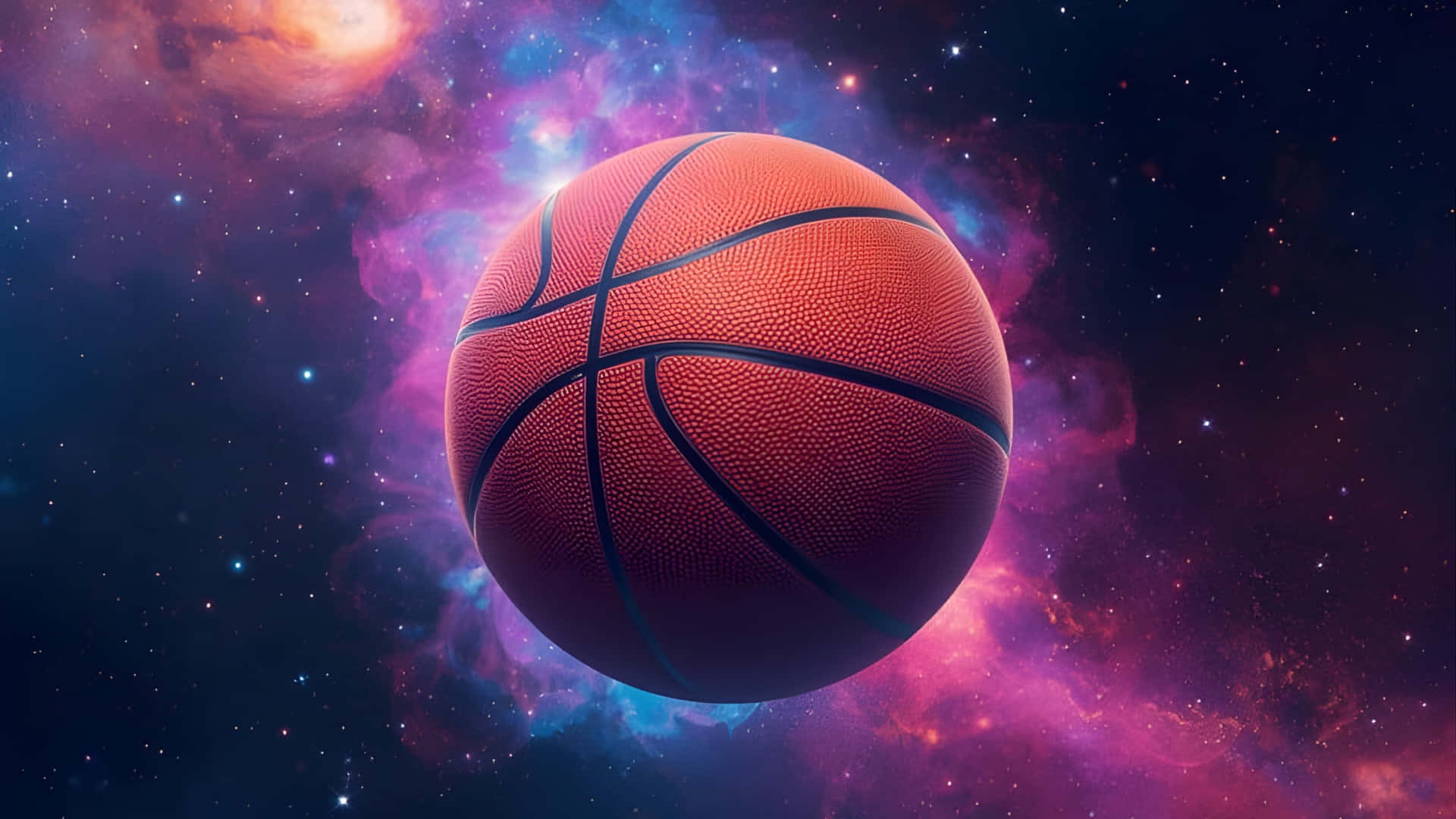 壁紙 — 一個細節豐富的橙色籃球漂浮在充滿星星和旋轉紫藍色雲彩的鮮豔宇宙星雲前。