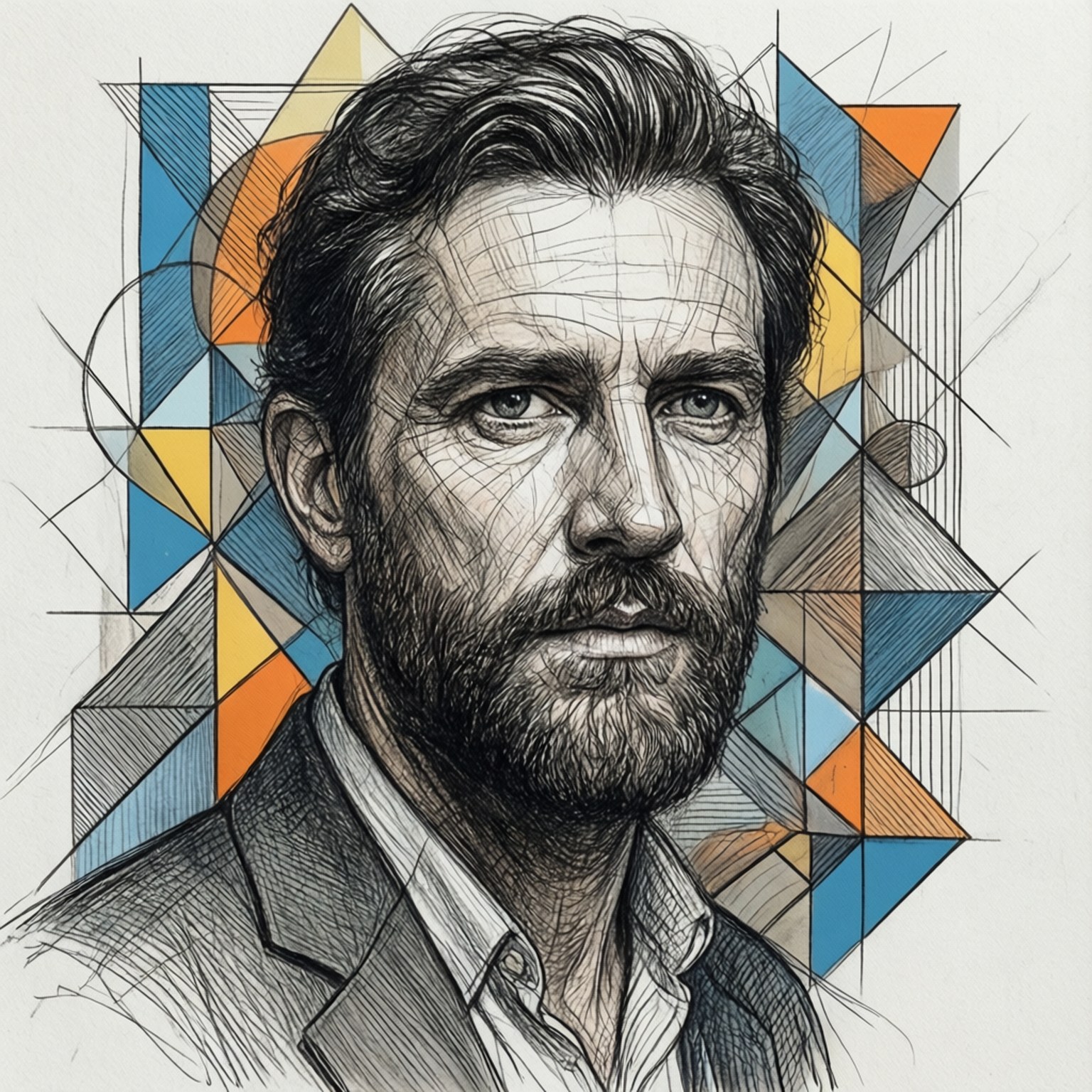 Geometric Sketch Damiano 壁紙 — 一幅詳細的鉛筆素描，描繪一位留鬍鬚的男子，眼神銳利，周圍環繞著藍色、橙色和灰色的抽象幾何形狀。