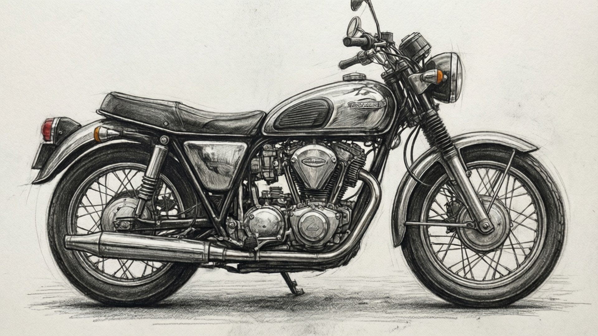 Pencil Motorcycle Sketch 壁紙 — 經典摩托車的詳細鉛筆素描，帶有鍍鉻裝飾和鋼絲輪，側面展示。