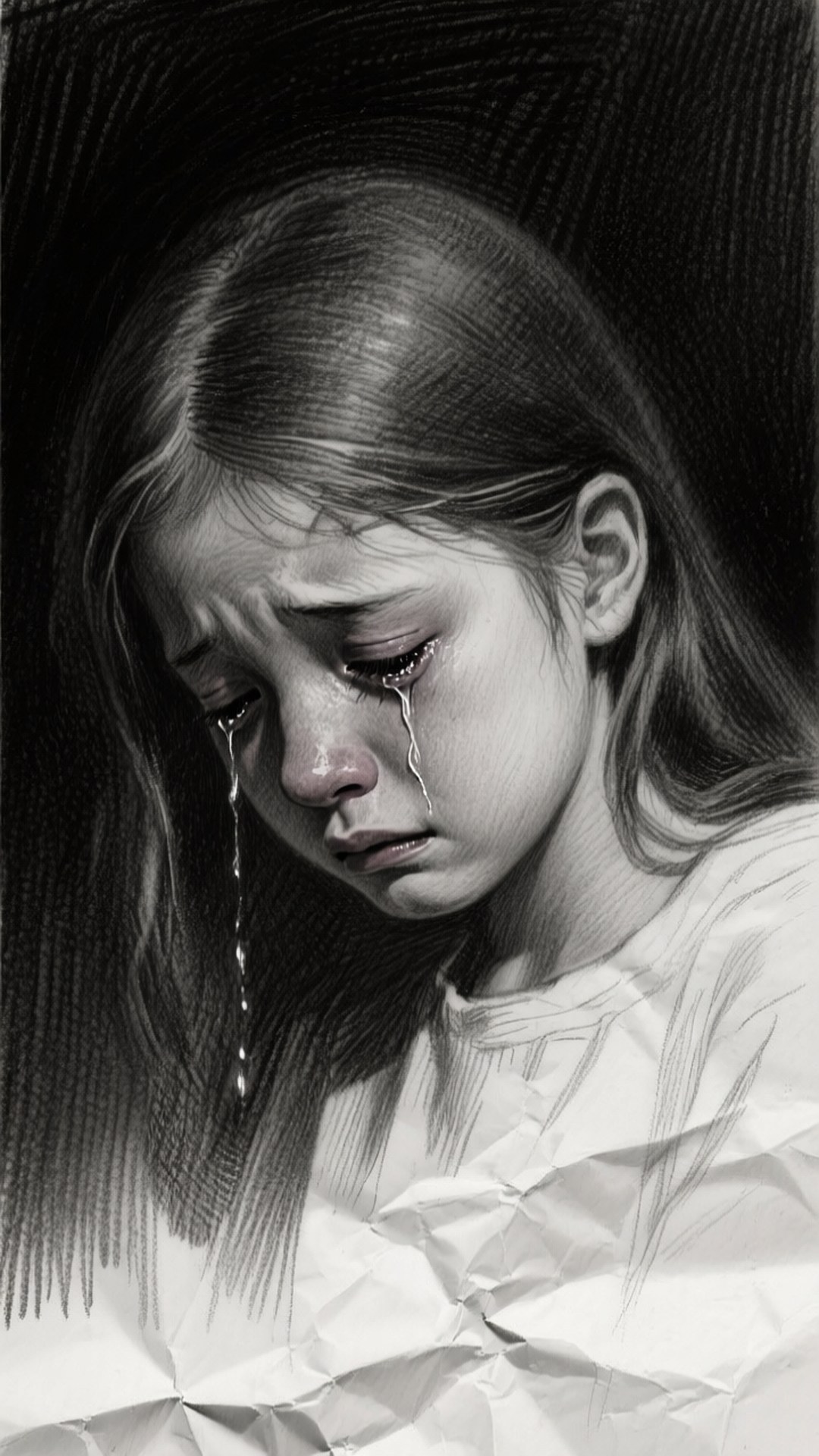 Tears of Solitude 壁紙 — 一幅詳細的鉛筆素描，描繪一個年輕女孩在深色紋理背景上淚流滿面。