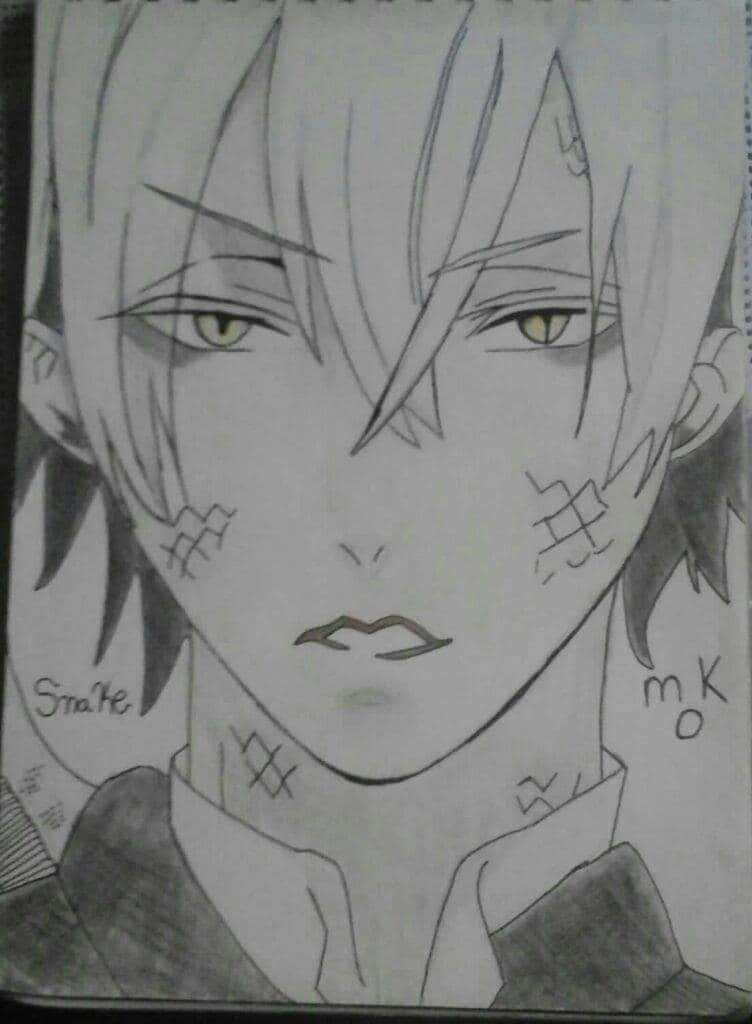 Black Butler Snake 桌布 壁紙 — 一幅詳細的鉛筆素描，描繪一個擁有銳利眼睛和縫合面部標記的動漫角色。