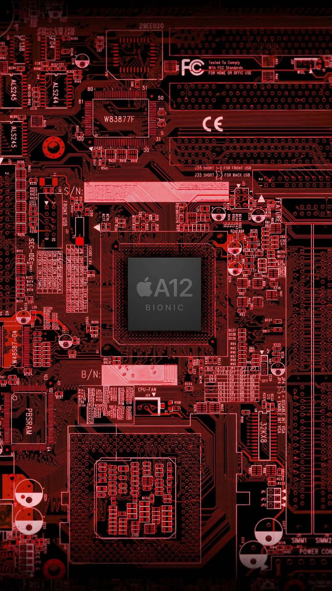 Chipset 桌布 壁紙 — iPhone A12 Bionic 晶片電路板的詳細紅色調特寫，帶有發光跡線和組件標籤。