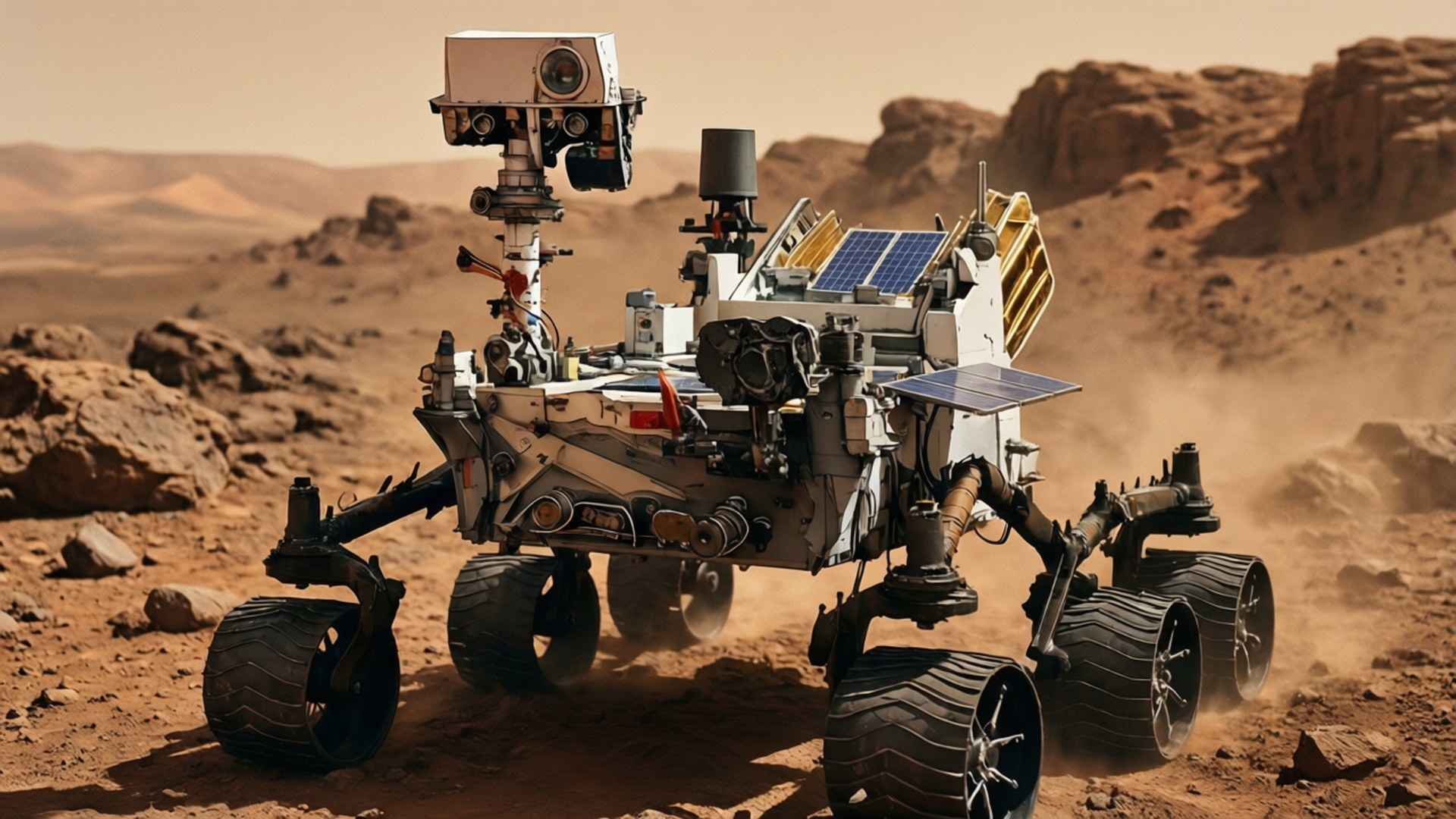 Curiosity on Mars 壁紙 — 一個詳細的機器人探測車，配備太陽能板和攝像頭，穿越塵土飛揚的紅色火星地形，背景有岩石露頭。