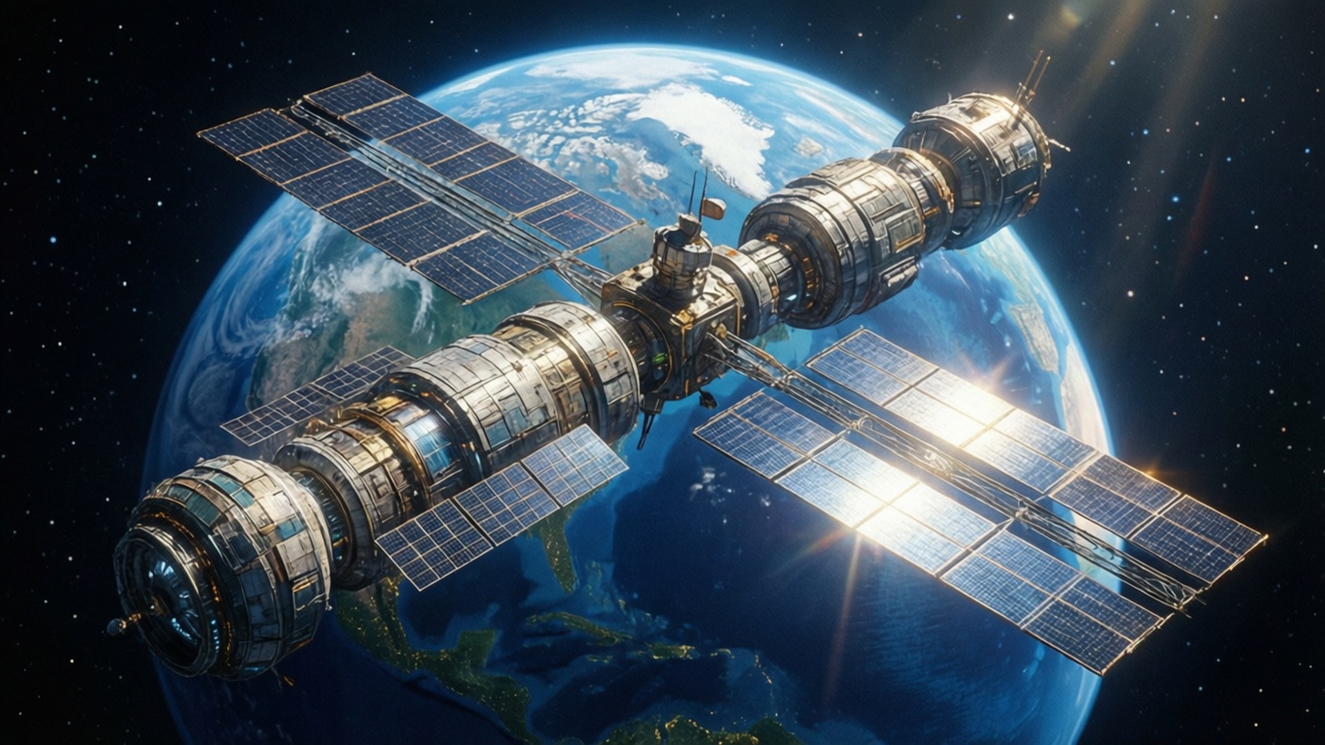 Skylab 桌布 壁紙 — 一個詳細的太空站繞地球運行，太陽能板在星光點點的黑夜中閃爍。